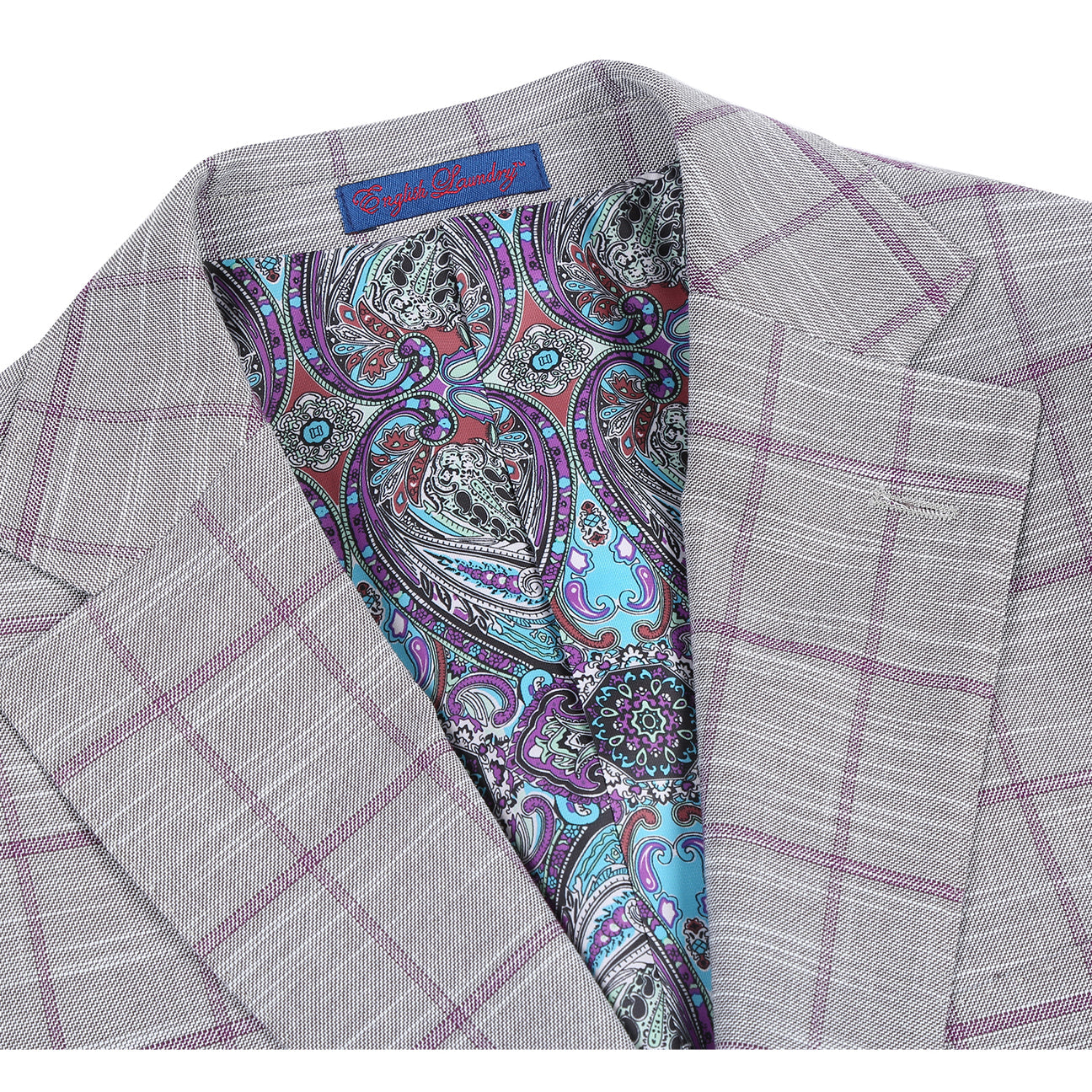 The ENGLISH LAUNDRY White Check Suit 12-60-092EL by English Laundry features a modern slim fit with notch lapels, two buttons, front pockets, and a patterned lining for a sharp, stylish look.