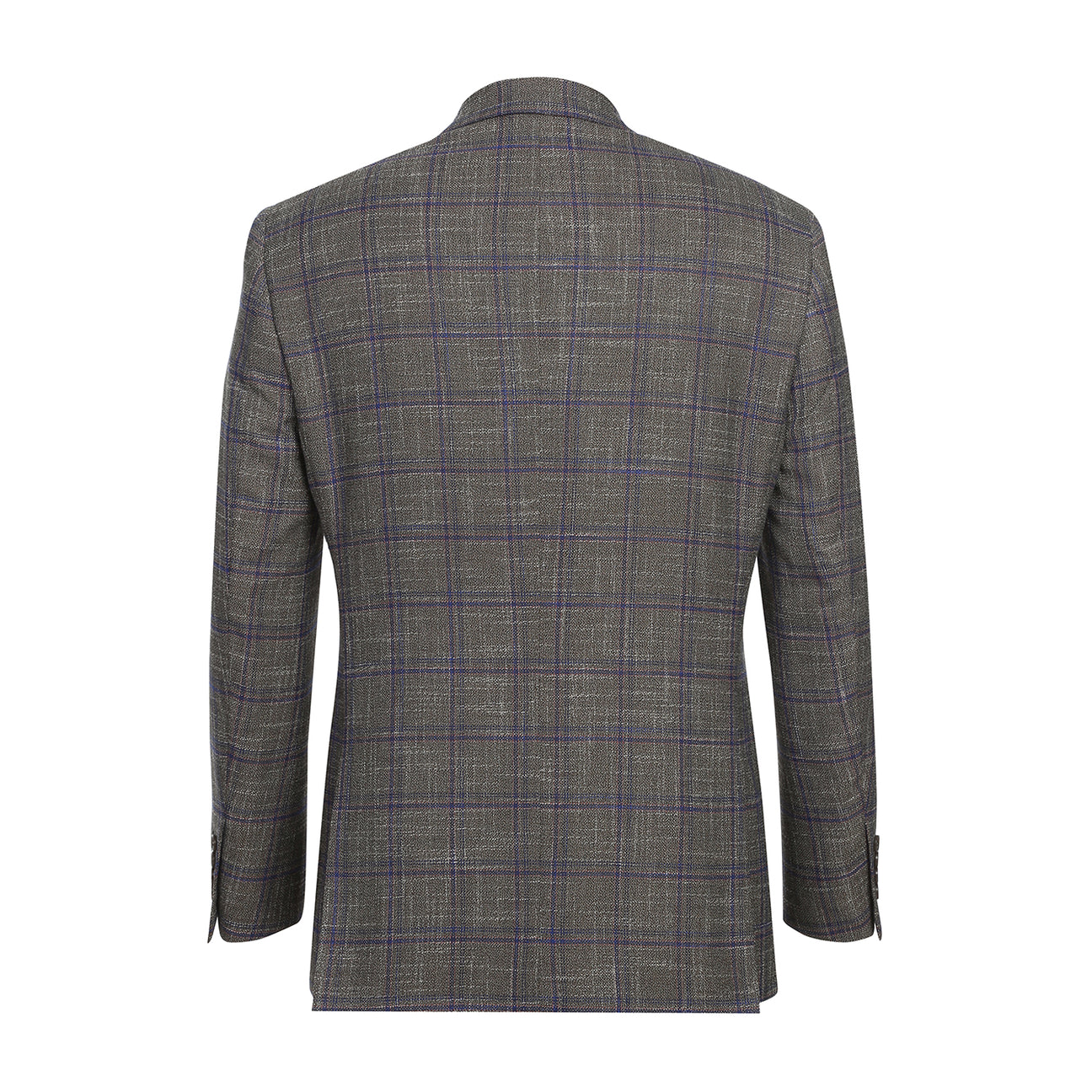 The Renoir Alessandro Vitello Slim Fit Sport Coat 294-29, a gray plaid jacket with purple stripes and a notch lapel, is stylishly displayed on a mannequin with a white dress shirt and orange patterned tie.