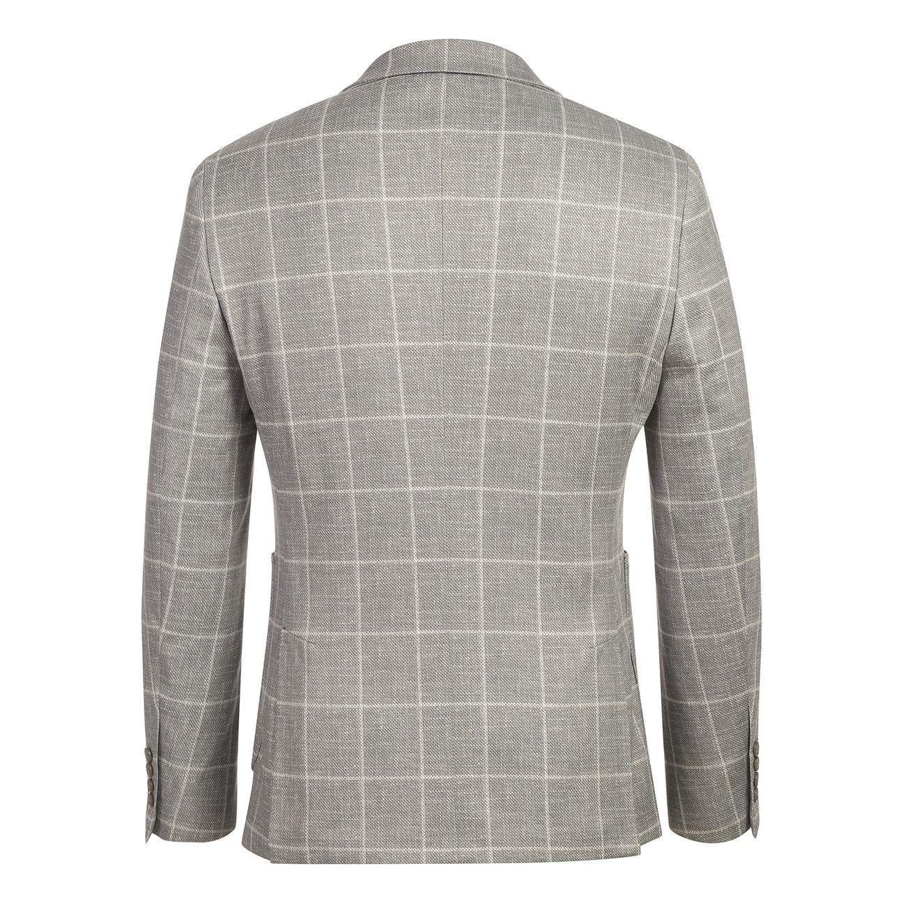 The Pellagio Men's Half Canvas Blazer Gray PS25-4 features a slim fit with a gray plaid pattern, displayed on a mannequin styled with a white shirt, red patterned tie, and blue pocket square.