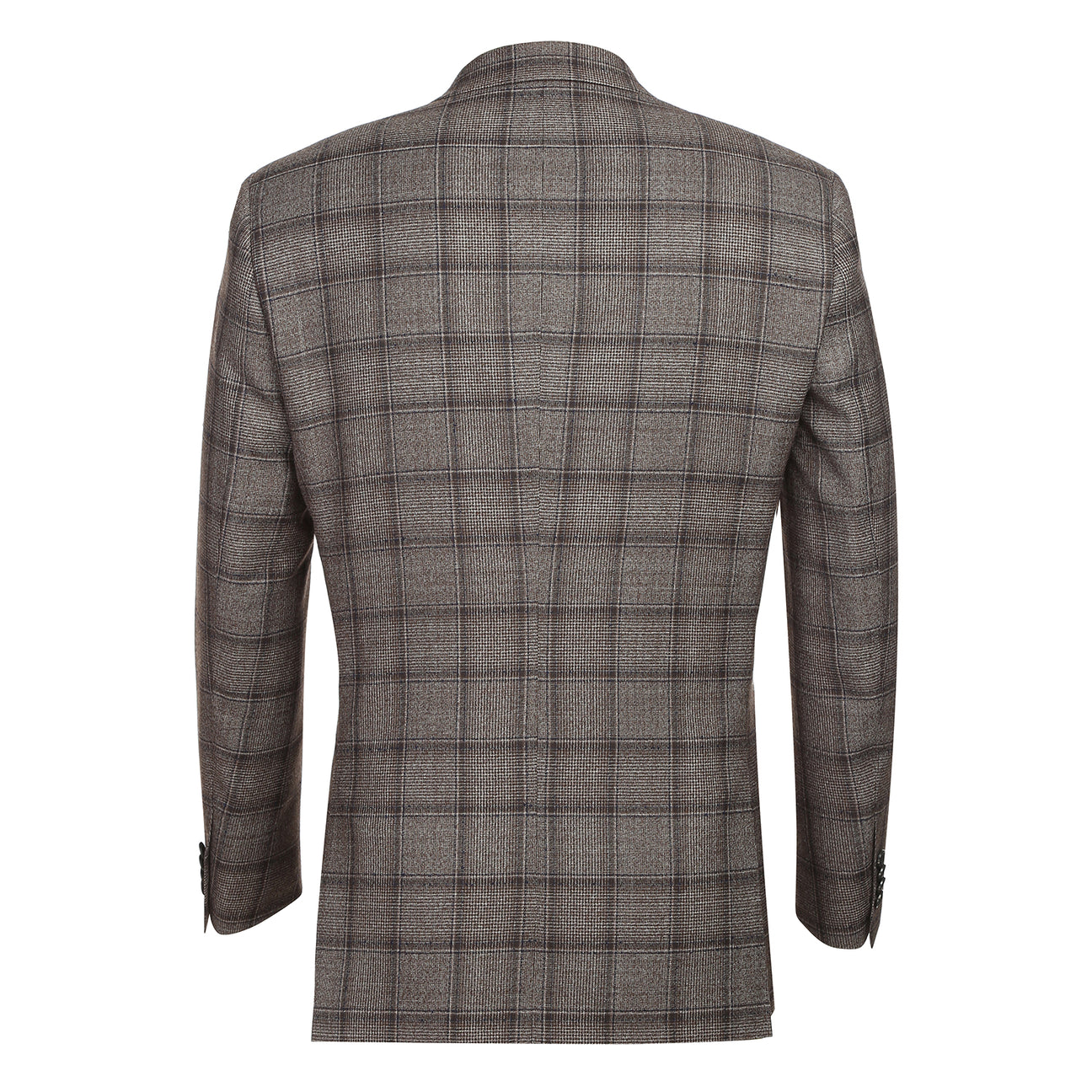 The Alessandro Vitello by Renoir New Slim Fit Wool Brown Suit 565-7 from Renoir is displayed on a mannequin, paired with a white shirt, red striped tie, and an orange pocket square.