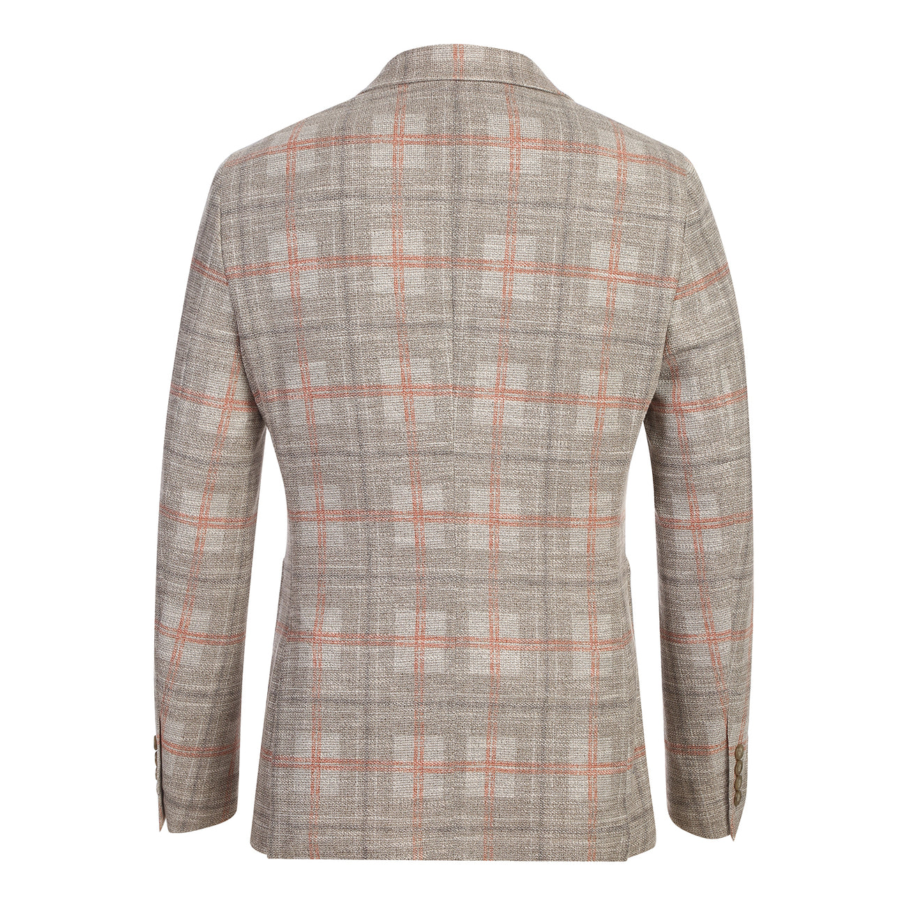 Pellagio Men's Half Canvas Blazer Beige PS25-1 is displayed on a mannequin with orange accents, notched lapel, white dress shirt, blue striped tie, and green patterned pocket square. Brand: Pellagio.