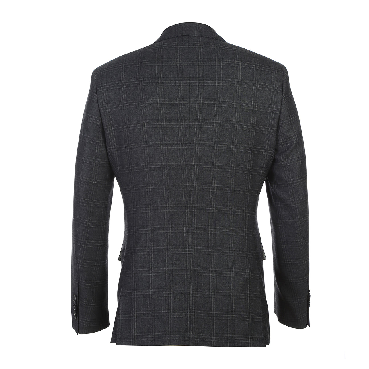 The ENGLISH LAUNDRY Dark Gray Check Suit EL12-58-095 by English Laundry is shown on a mannequin, styled with a white dress shirt and striped tie for a timeless men's suit ensemble.