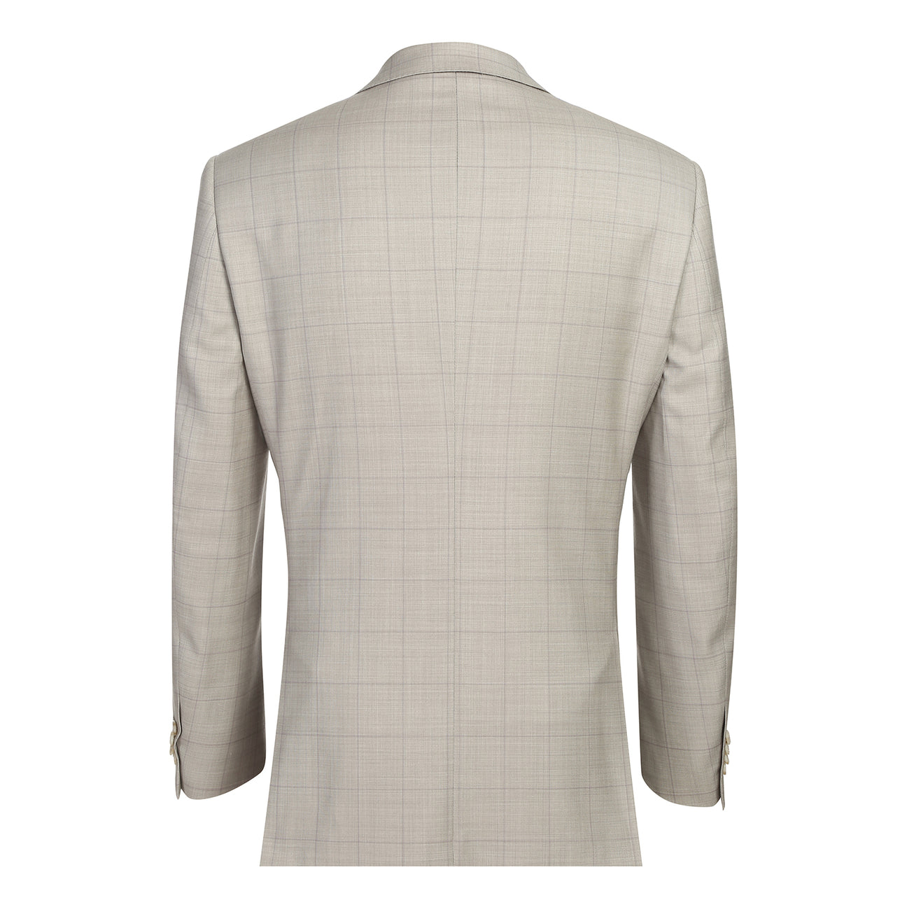 The Alessandro Vitello by Renoir Classic Fit Suit 566-10, in light gray plaid with notch lapels, is styled on a mannequin with a white dress shirt and blue striped tie.