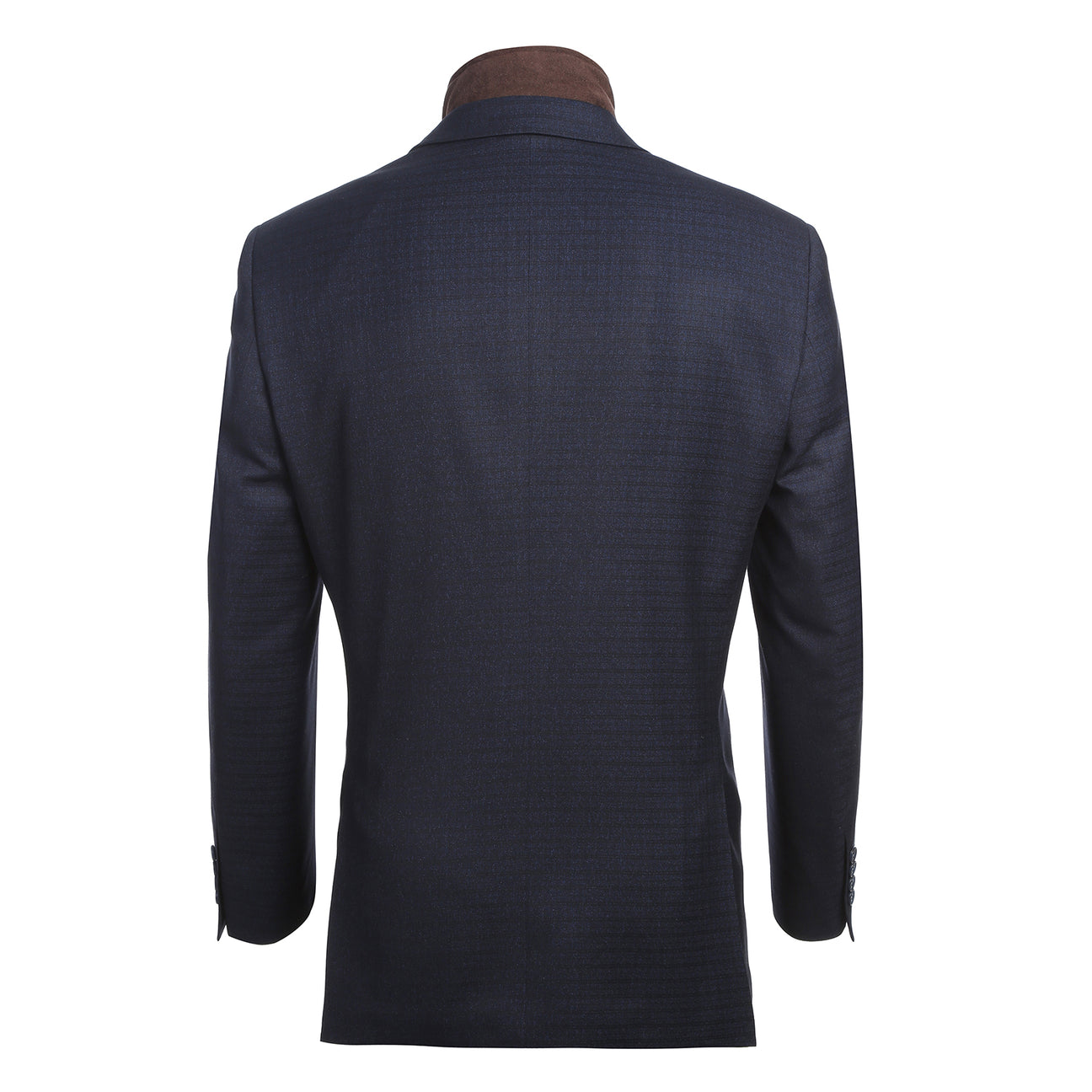 The Renoir Alessandro Vitello Classic Fit Bib Navy Blazer 294-42 features a notch lapel, two-button closure, brown quilted inner vest, and light blue pocket square, shown on a mannequin.