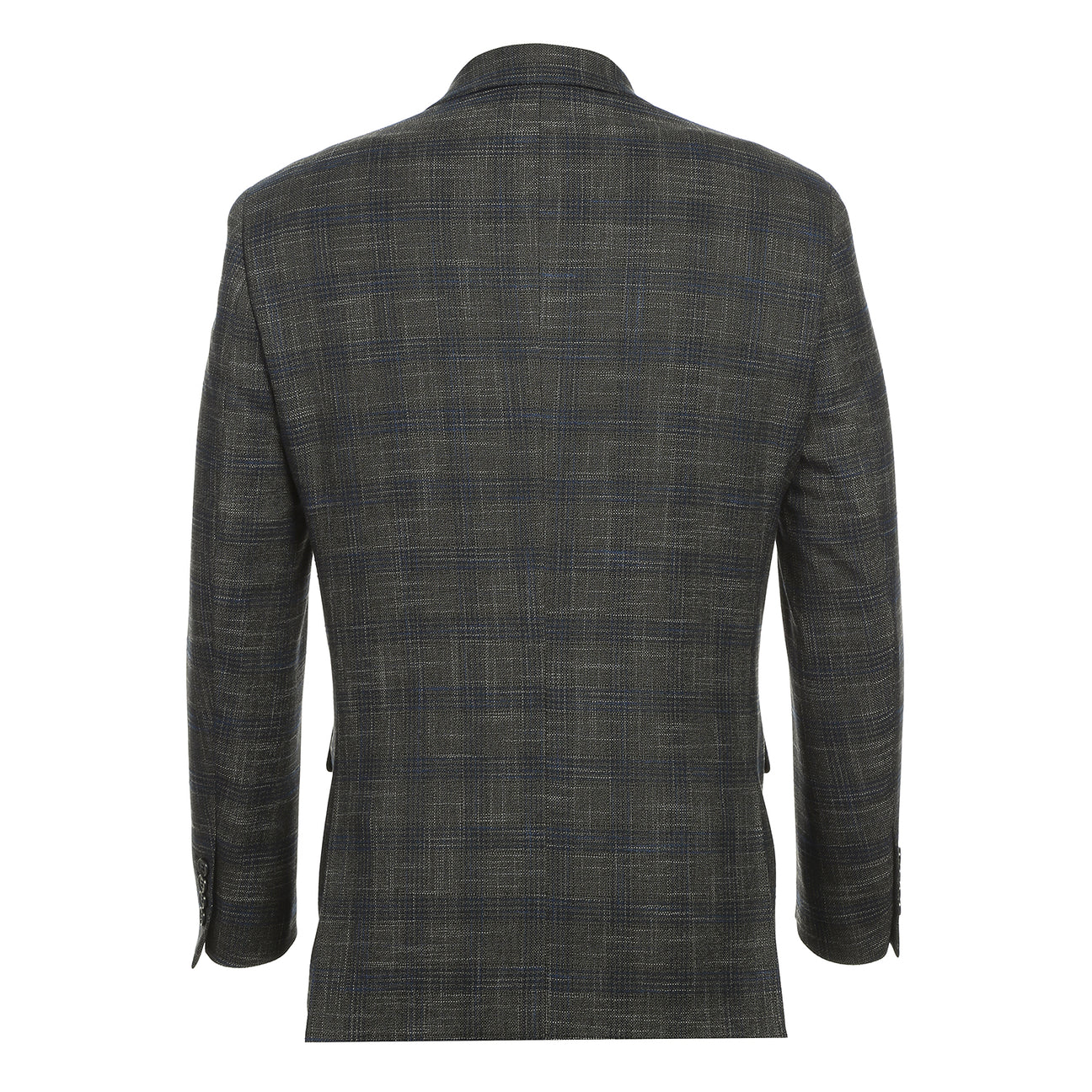 The Alessandro Vitello by Renoir New Slim Fit Gray Blue Blazer 294-39 is a single-breasted, slim fit jacket with a notch lapel, two front buttons, and flap pockets, shown in a dark plaid pattern on a white background.