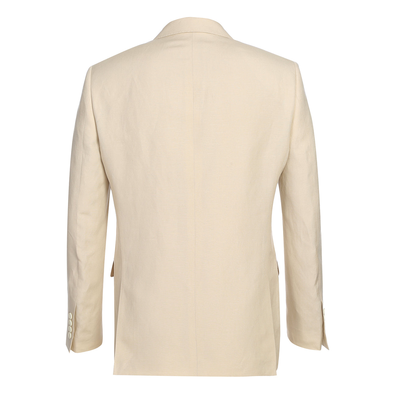 The Alessandro Vitello by Renoir 2-Piece New Slim Fit Suit in Tan is displayed on a mannequin, paired with a white shirt and blue tie, showcasing its sleek two-button closure.