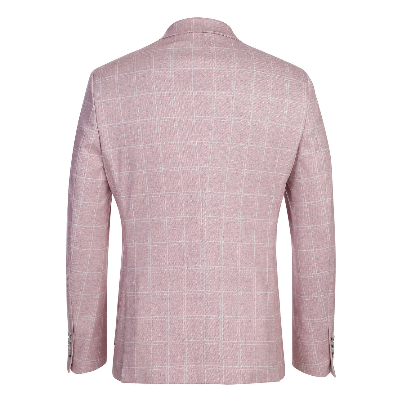 The Pellagio Pink Men's Slim Fit Riserva Jacket PS26-8 features notch lapels, two buttons, front pockets, and a matching pocket square. Shown on a mannequin with a white shirt and striped tie. Brand: Pellagio.