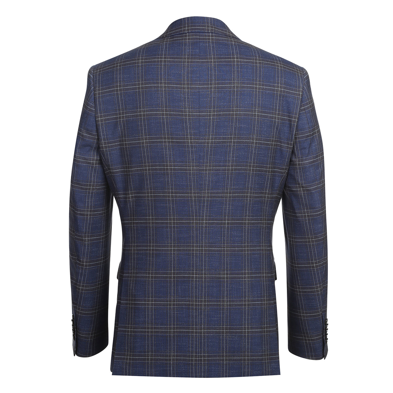 The ENGLISH LAUNDRY TR Suit 12-52-410EL by English Laundry is a slim fit blue plaid jacket with notch lapels, two buttons, and flap pockets, styled over a white dress shirt and red patterned tie on a display mannequin.