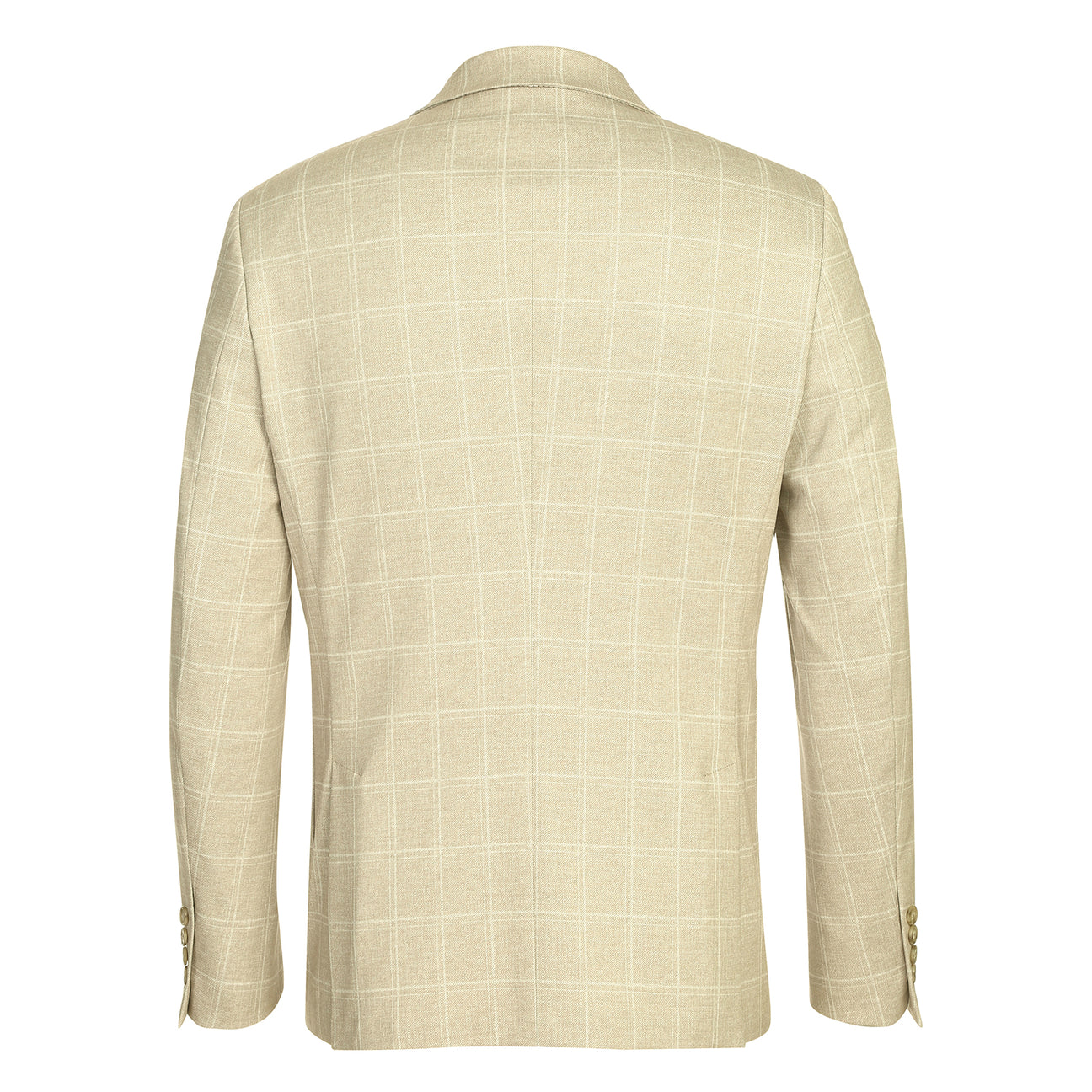 The Pellagio Beige Men's Slim Fit Riserva Jacket PS26-7 features a light check pattern, two buttons, front pockets, and a pocket square. Displayed on a mannequin with a white shirt and striped tie. Brand: Pellagio.