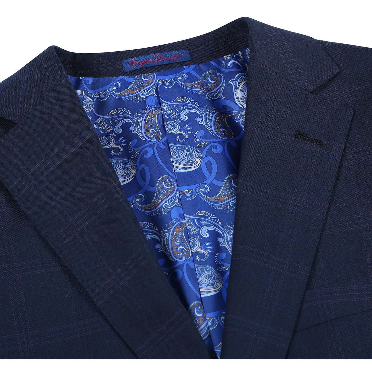 The ENGLISH LAUNDRY 2pc Suit Navy 32-55-410EL by English Laundry features a navy blue plaid blazer with single button closure, front pockets, and blue paisley inner lining in a comfy polyester-rayon-spandex blend, shown on a white background.