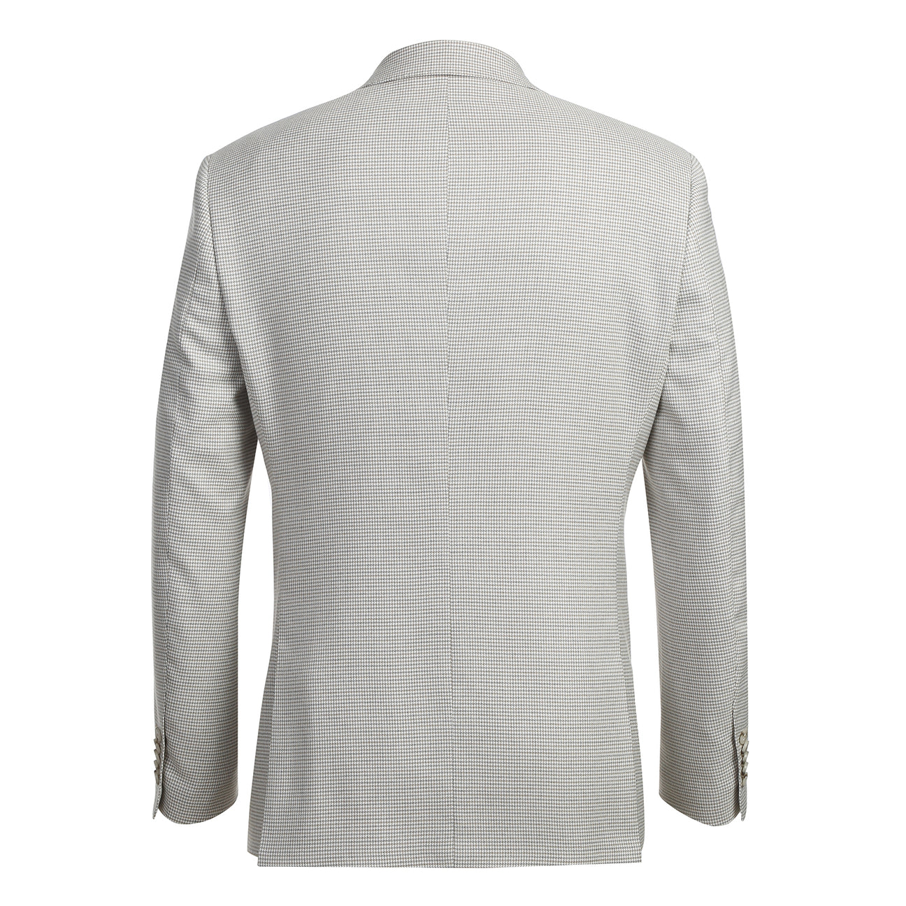 The English Laundry Smoke Grey Check Suit 12-20-600EL features a light gray slim fit jacket with a two-button closure, patch pockets, and is styled with a white shirt and striped red, black, and beige tie on a torso mannequin.