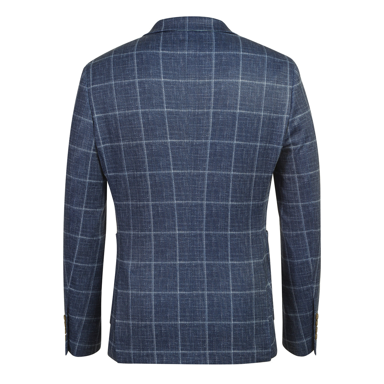 The Pellagio Riserva JKT Blazer PS25-6 by Pellagio is a blue plaid slim fit blazer with notched lapel, single button closure, and chest pocket with pocket square, styled over a white shirt and striped tie on a mannequin.