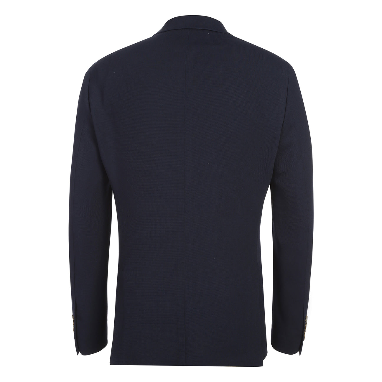 The Pellagio Men's Half Canvas Blazer Navy PS25-17, a single-breasted jacket with notched lapel and two buttons, is styled with a white dress shirt, patterned beige tie, and colorful pocket square on a display mannequin.