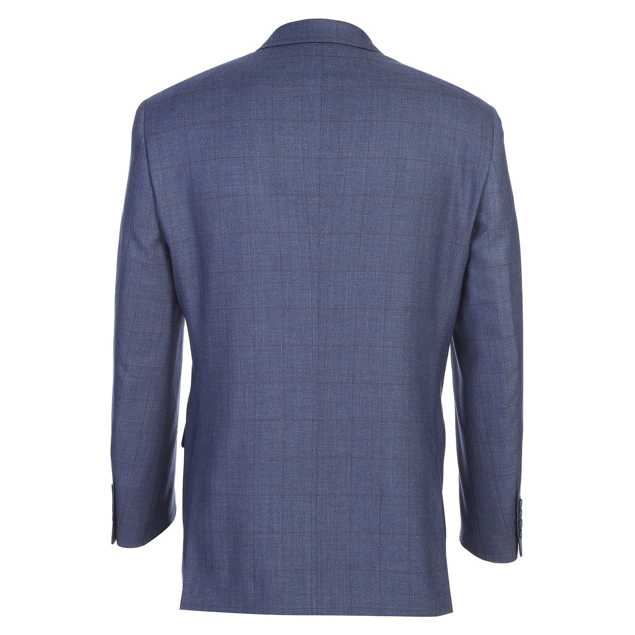 The Alessandro Vitello by Renoir Classic Fit Suit 293-56 features a blue side-vented jacket with a 3-inch notch lapel, flat front pants, four cuff buttons, plus fabric, stitching, and brand label close-ups from Renoir.
