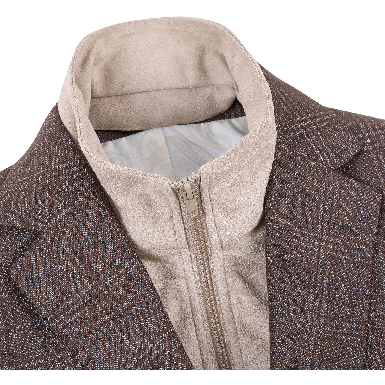 The Renoir Alessandro Vitello New Slim Fit Bib Brown Blazer 294-40 is shown on a headless mannequin with a classic notch lapel, layered over a beige zip-up sweater.