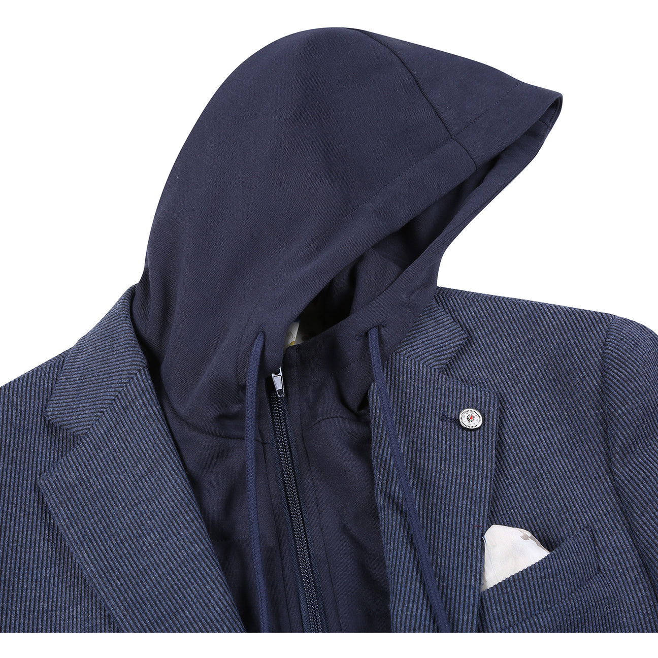 Pellagio Men's Slim Fit Riserva Jacket Gray Blue PF25-13, layered over a matching zip-up hoodie, features a white and patterned pocket square in the breast pocket.