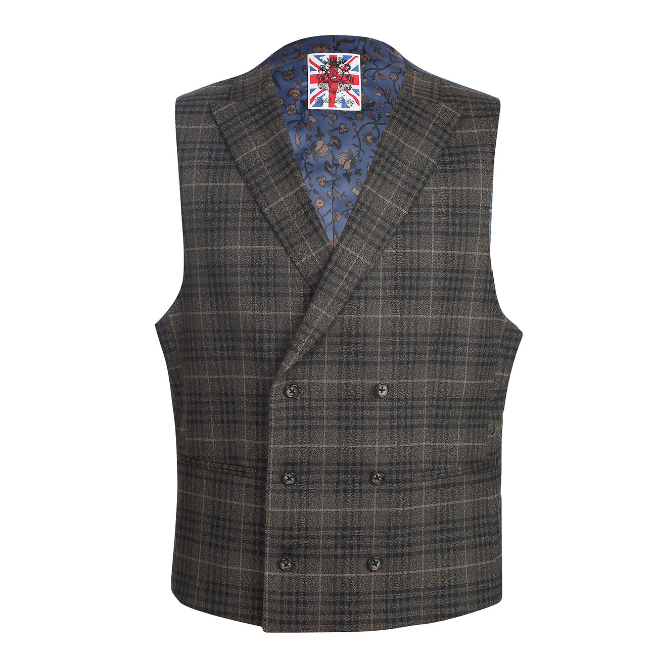 The mannequin is adorned in an English Laundry three-piece sand brown check suit, featuring a sleek jacket that drapes elegantly over a white dress shirt, complemented by a maroon polka dot tie.