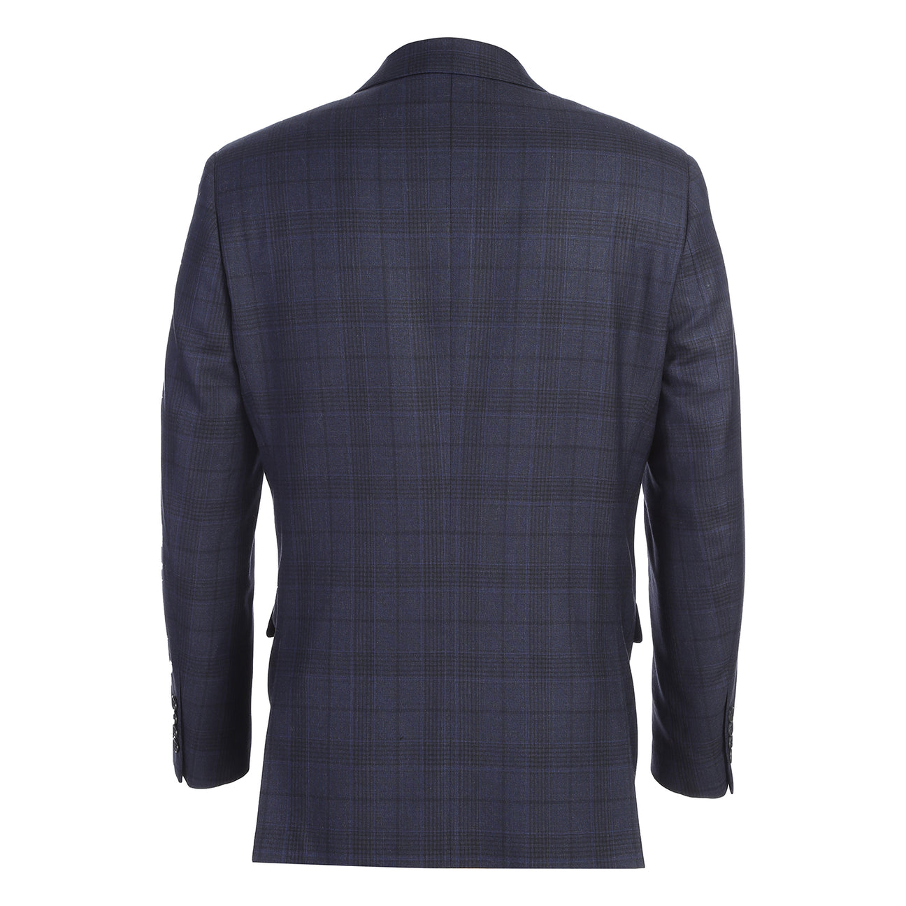 Showcase of Renoir’s Alessandro Vitello New Slim Fit Suit 568-3 in dark blue patterns, with peak lapel jackets, matching flat front pants, fabric/button close-ups, and side vents.