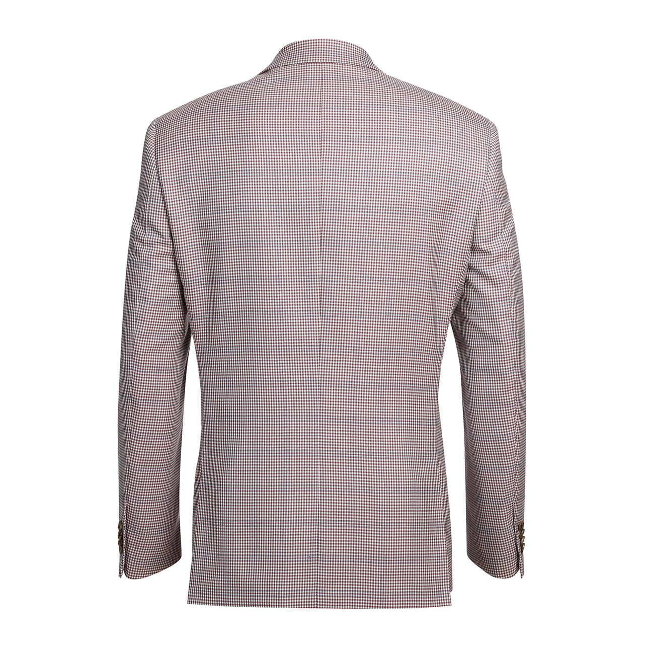 A mannequin displays the Alessandro Vitello by Renoir Slim Fit Wool Blazer in pink, crafted from 100% wool. It's styled with a white shirt, patterned black tie, and highlighted by a teal pocket square.