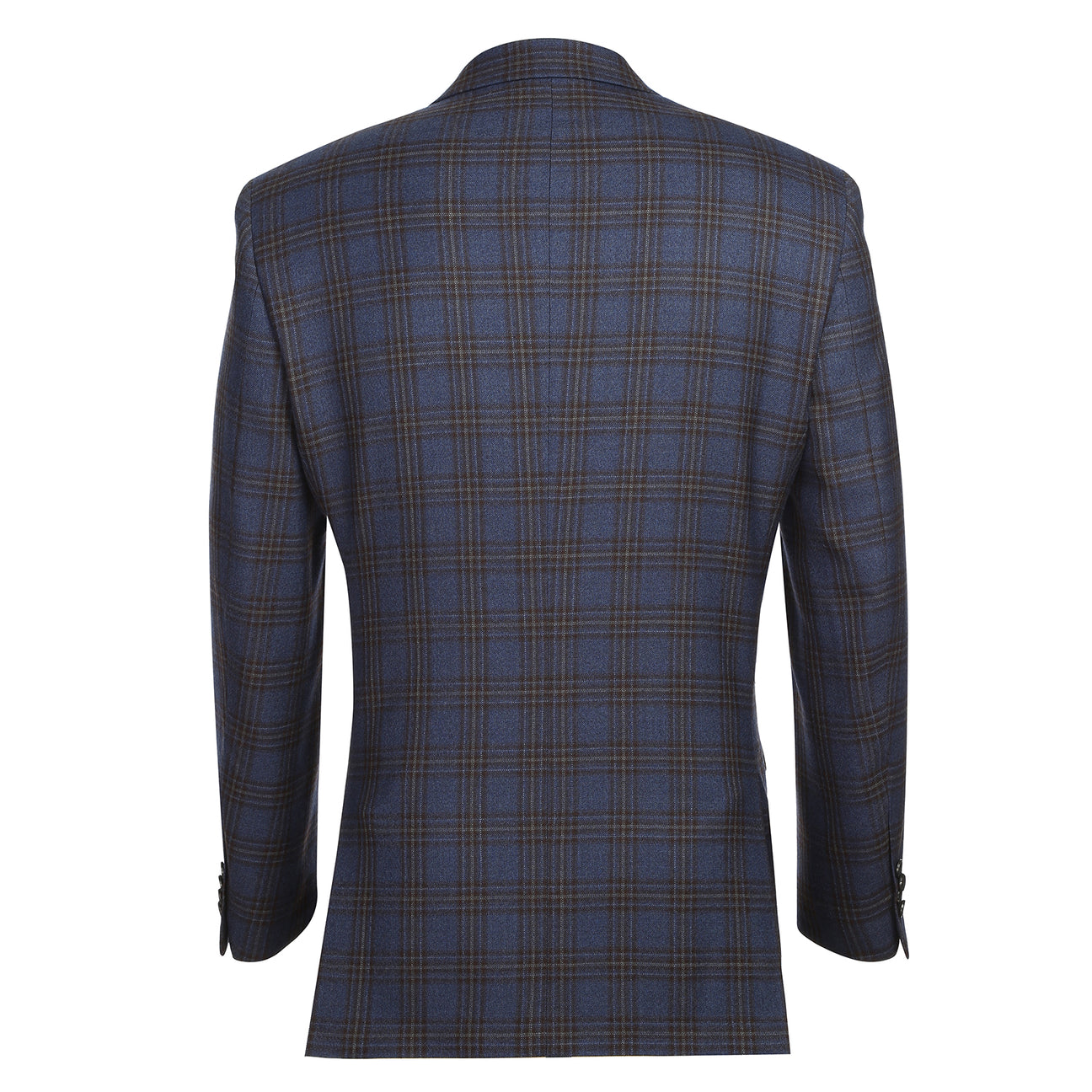 The Alessandro Vitello ALESSANDRO VITELLO Classic Fit Wool Blue Black Blazer 565-10 features a dark blue plaid design with notch lapel, styled with a white shirt, red patterned tie, and pocket square on a mannequin against a plain white background.