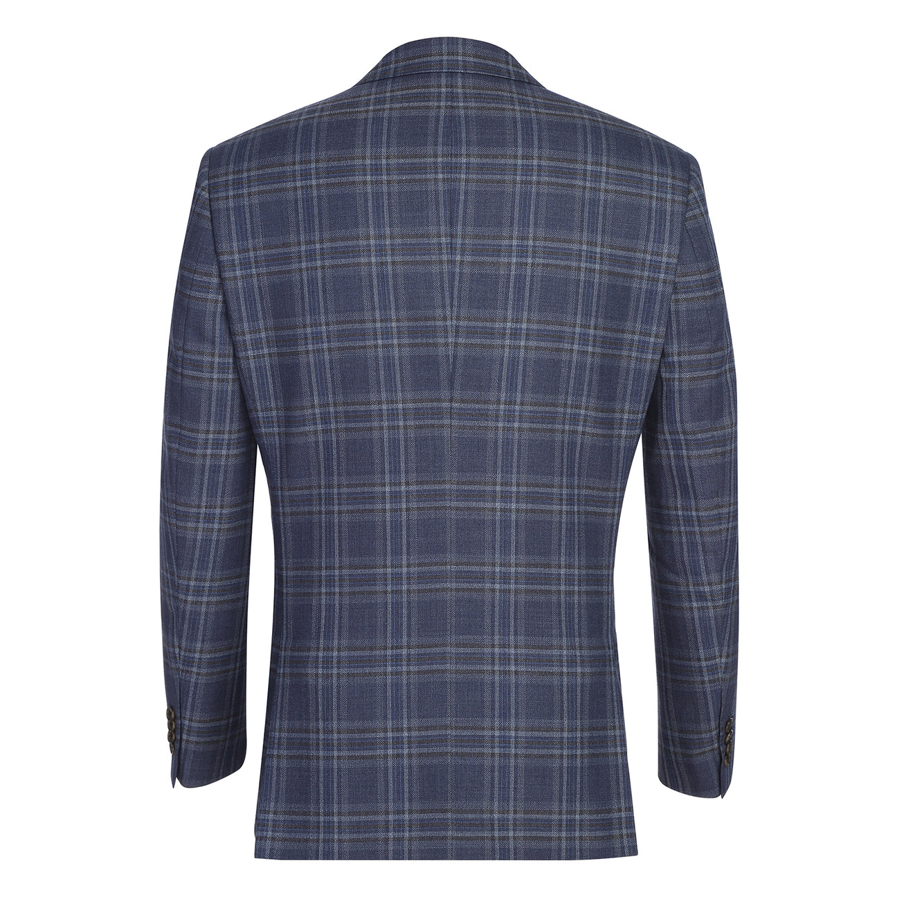 The Alessandro Vitello by Renoir New Slim Fit Wool Navy Blazer 567-17, featuring a notch lapel and pocket square, is styled with a white shirt and striped necktie on a mannequin.