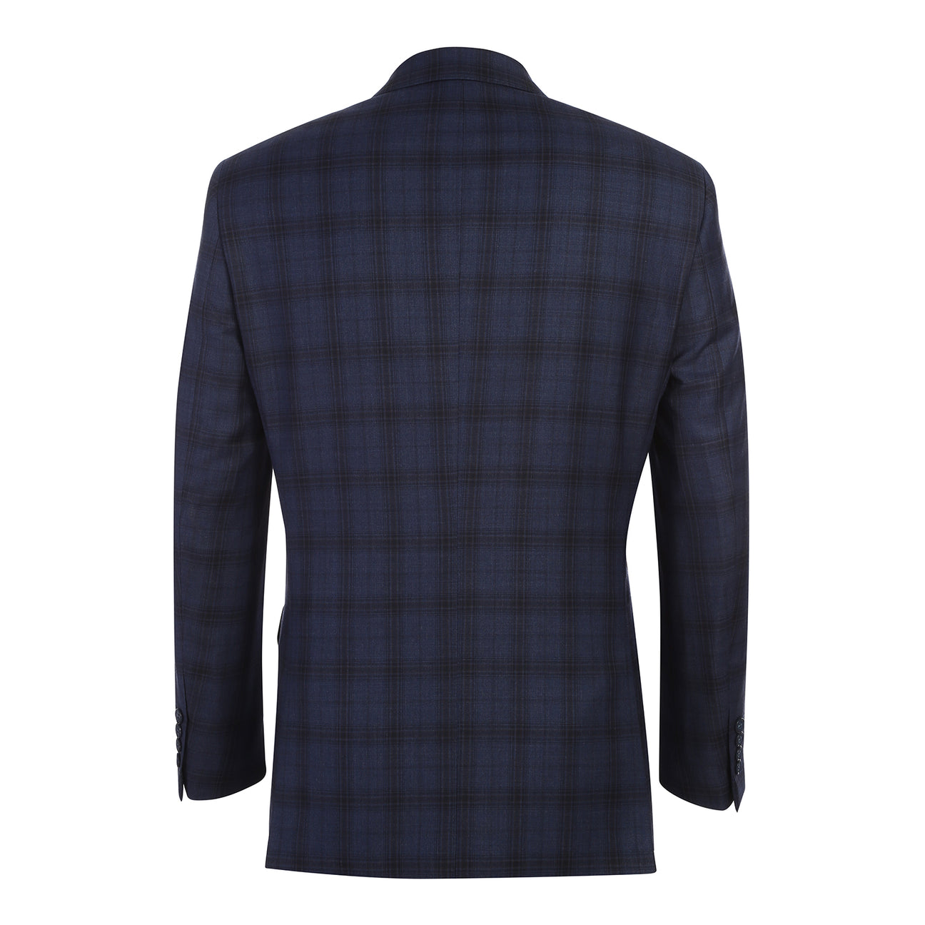 The Renoir Alessandro Vitello New Slim Fit Wool Navy Suit 566-14 is displayed on a mannequin, paired with a white dress shirt and dark patterned tie.