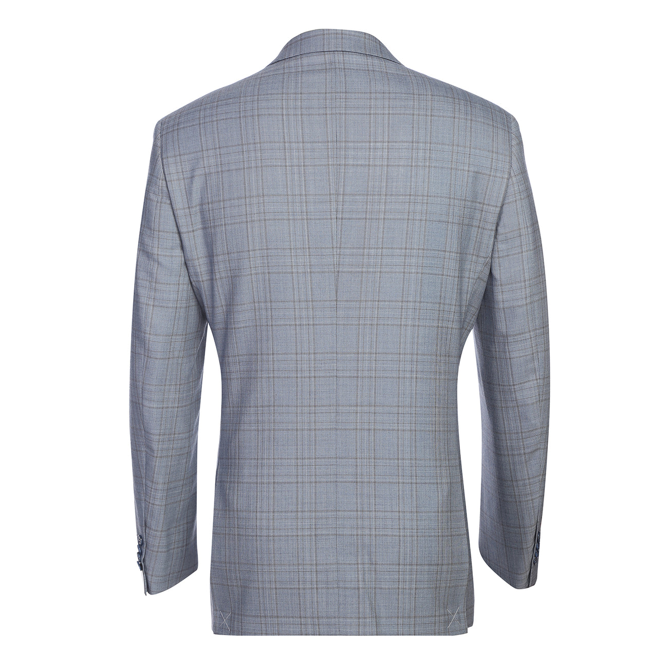 The Renoir Alessandro Vitello by Renoir Classic Fit Wool Blue Suit 568-7, featuring notch lapels, is displayed on a mannequin over a white dress shirt and navy blue patterned tie.