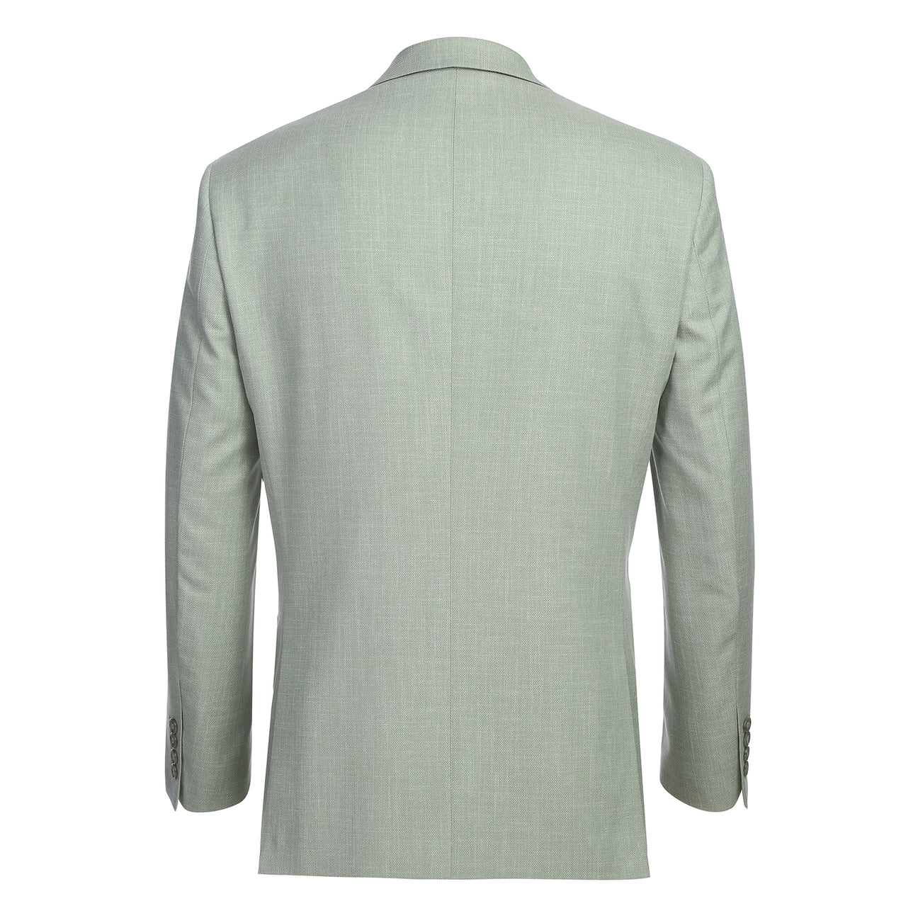 The Alessandro Vitello by Renoir New Slim Fit Light Green Blazer 294-58 is a men's single-breasted jacket with notch lapel, displayed on a mannequin with a white shirt, patterned tie, and matching pocket square.
