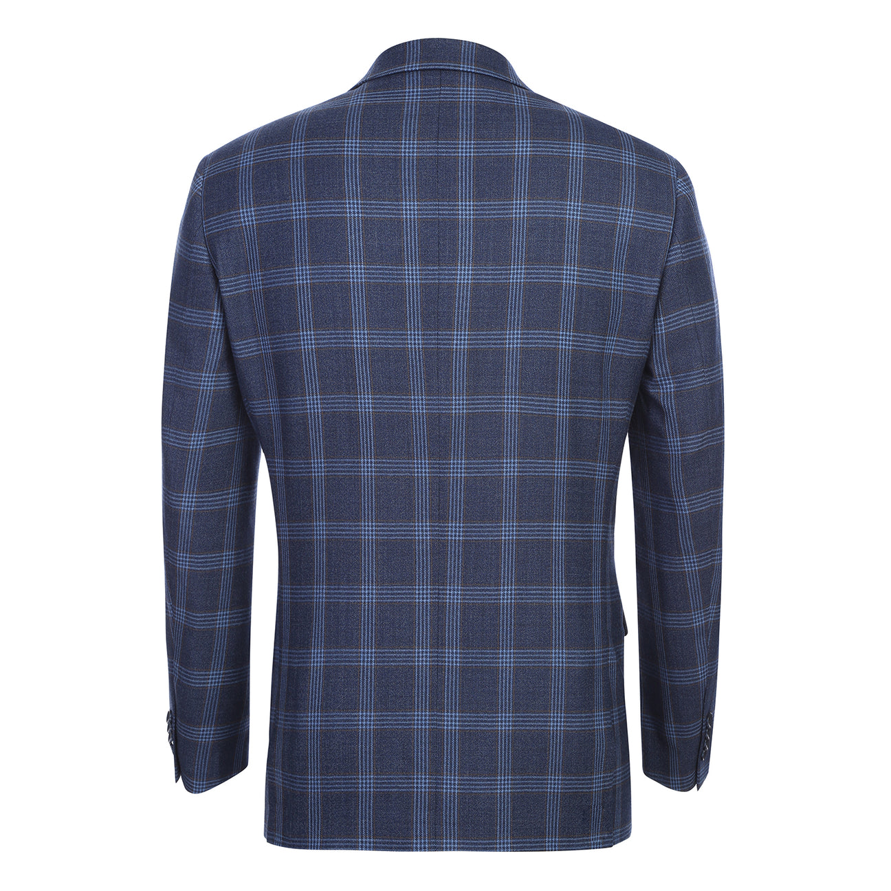 Renoir Alessandro Vitello New Slim Fit Wool Blue Blazer 567-5 features notch lapels, single-breasted style, and 100% wool. Shown with white shirt and striped tie; detail images highlight collar and inside label reading "Renoir.
