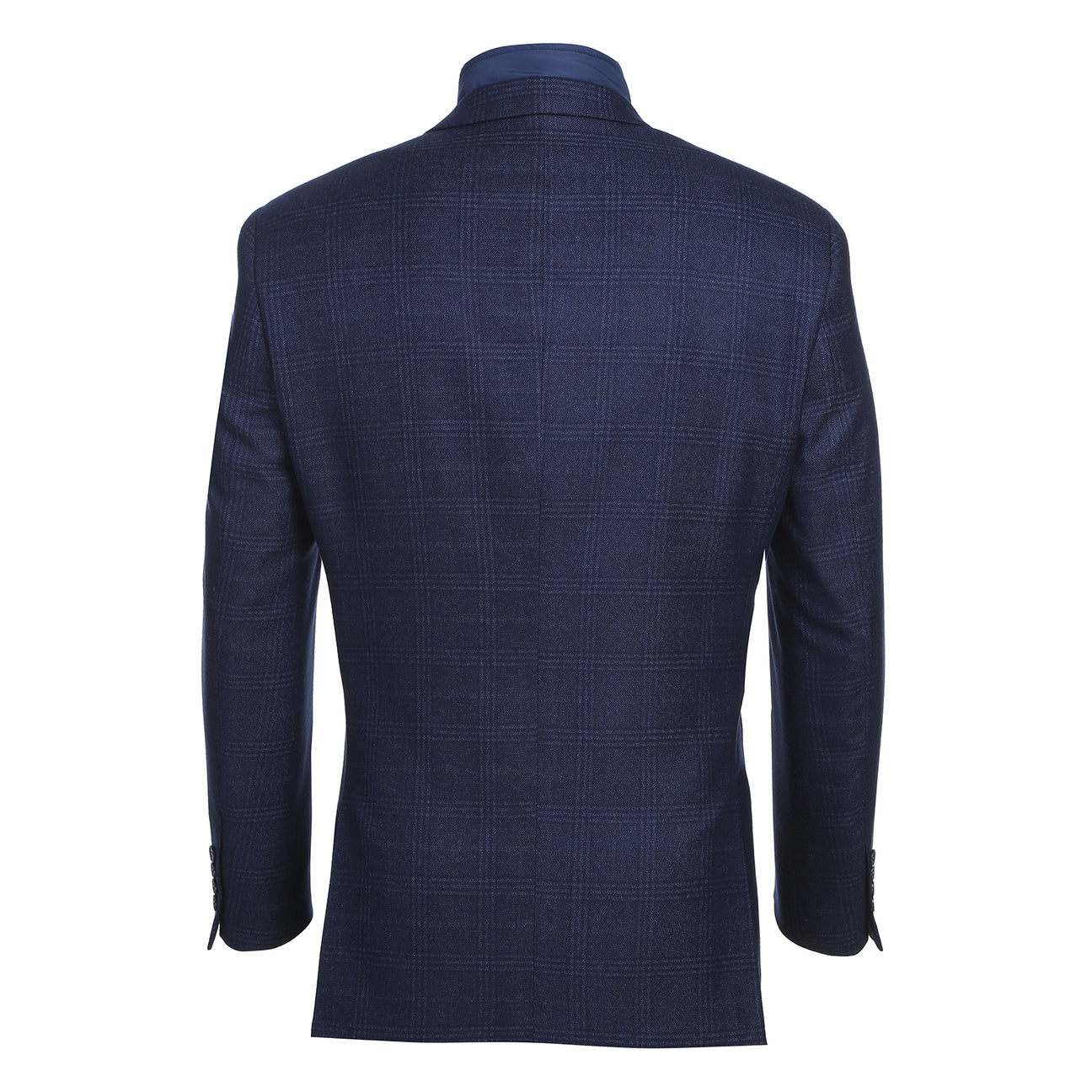 The Alessandro Vitello by Renoir New Slim Fit Sport Coat 294-41 features a navy blue checked design with a blue quilted zip-up insert, notch lapel, and patterned pocket square, shown on a white mannequin torso. Brand: Renoir.