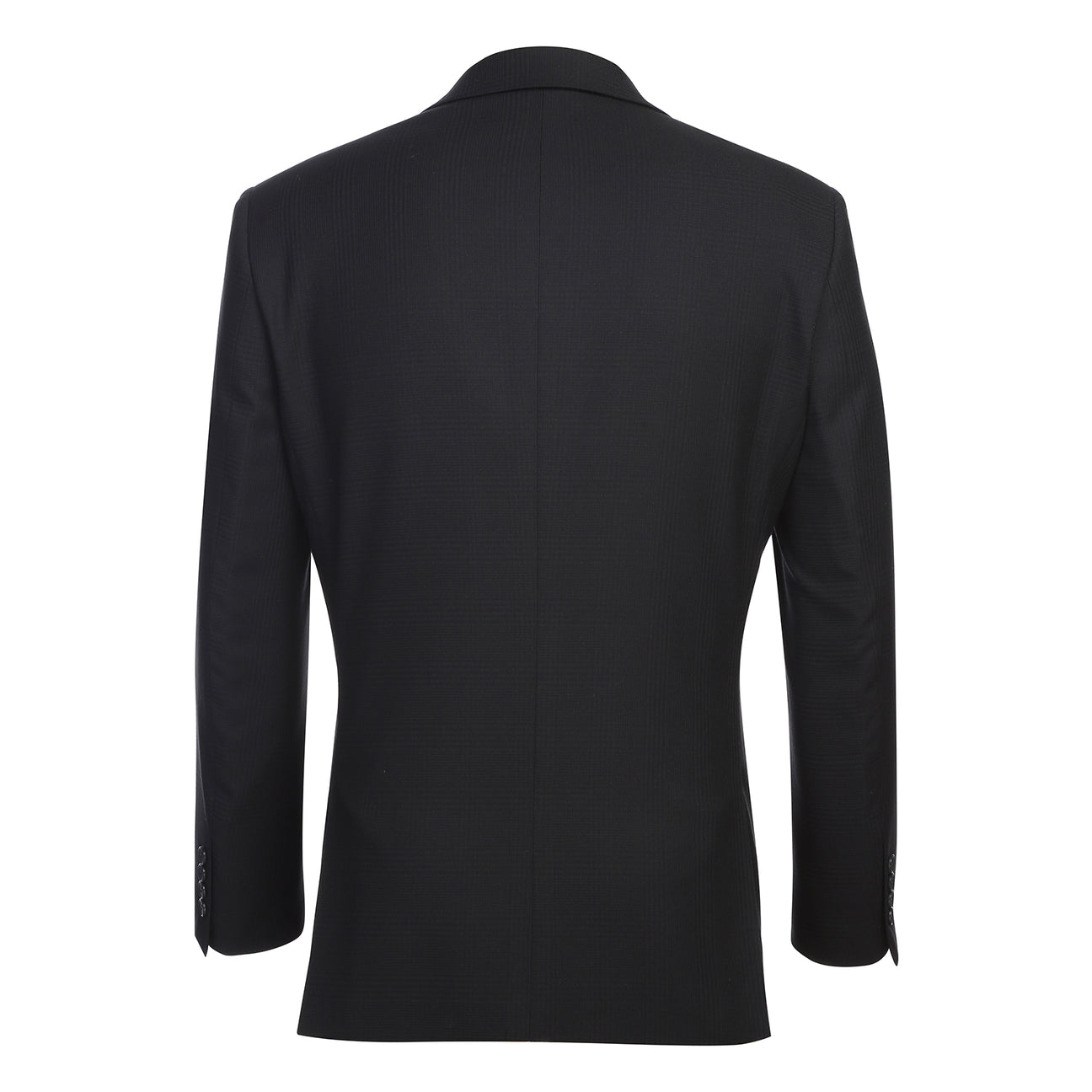 The Alessandro Vitello by Renoir New Slim Fit Black Suit 293-57 by Renoir is displayed on a mannequin with a black single-breasted jacket, white dress shirt, patterned tie, and pocket square.