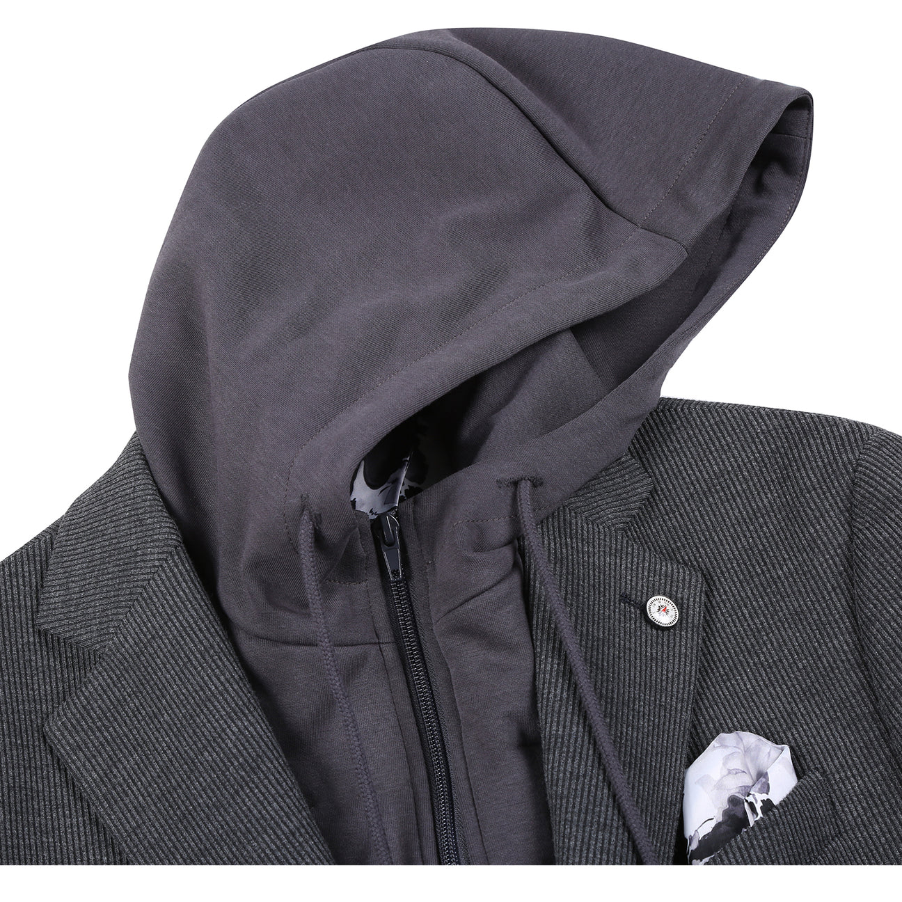 The Pellagio Men's Slim Fit Riserva Jacket Charcoal PF25-12 features a notched lapel, patch pockets, and chest pocket square, styled over a grey hoodie with a removable hood on a white mannequin torso.