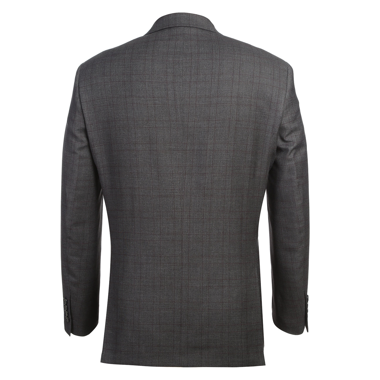 The Alessandro Vitello by Renoir New Slim Fit Gray Suit 293-47 is displayed on a mannequin, featuring a dark gray plaid design, polyester-rayon-spandex blend, paired with a white shirt, red patterned tie, and pocket square.