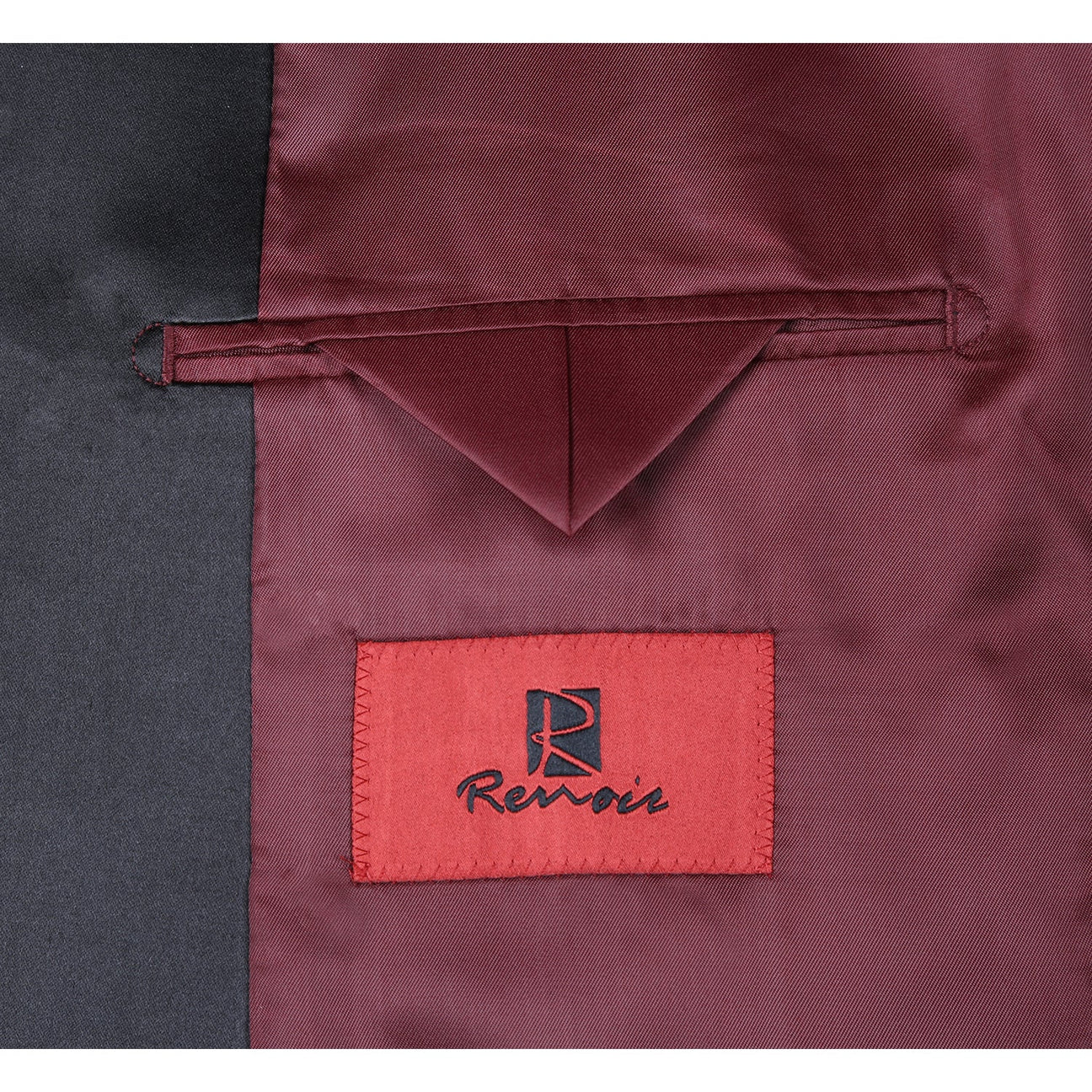 Close-up of the Renoir Alessandro Vitello Slim Fit Burgundy Tuxedo Blazer 290-5, featuring a black lapel, red patterned fabric, red inner lining, and an "Italy Style" label inside the collar.