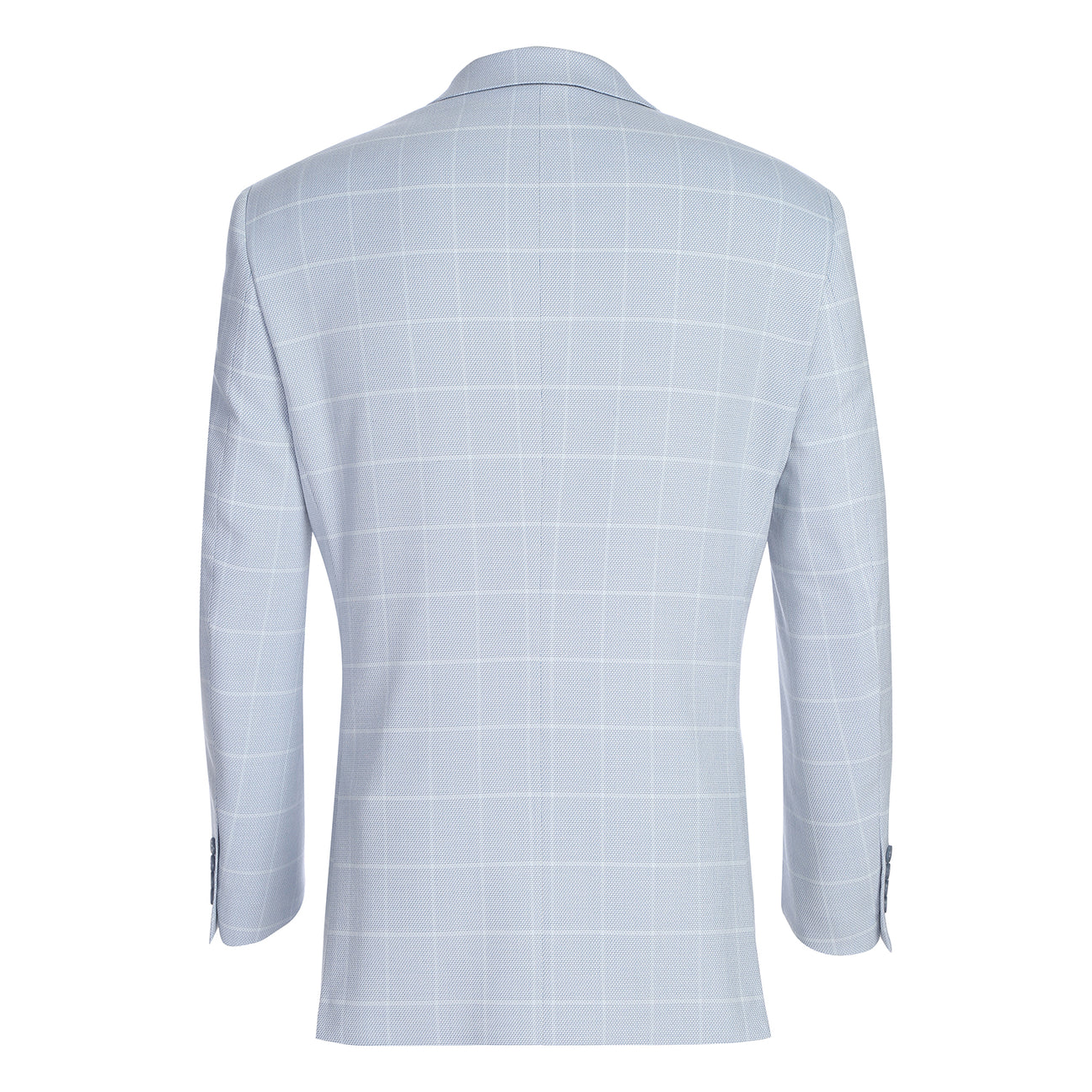 The Renoir Alessandro Vitello Classic Fit Light Blue Blazer 294-64 features notched lapels, a one-button closure, two front pockets, a chest pocket with patterned square, and is styled with a white shirt and blue striped tie.