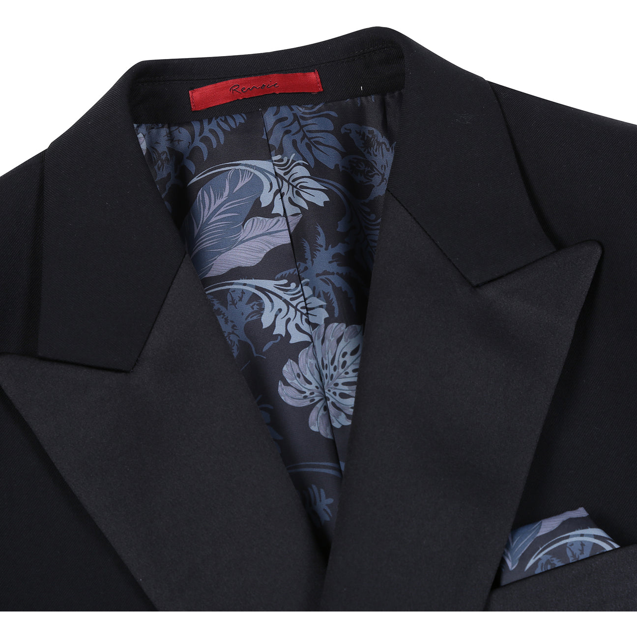 The Alessandro Vitello by Renoir Slim Fit Double-Breasted Peak Lapel Black Tuxedo 201-1 is styled with a white shirt and orange striped tie, elegantly showcased on a mannequin.