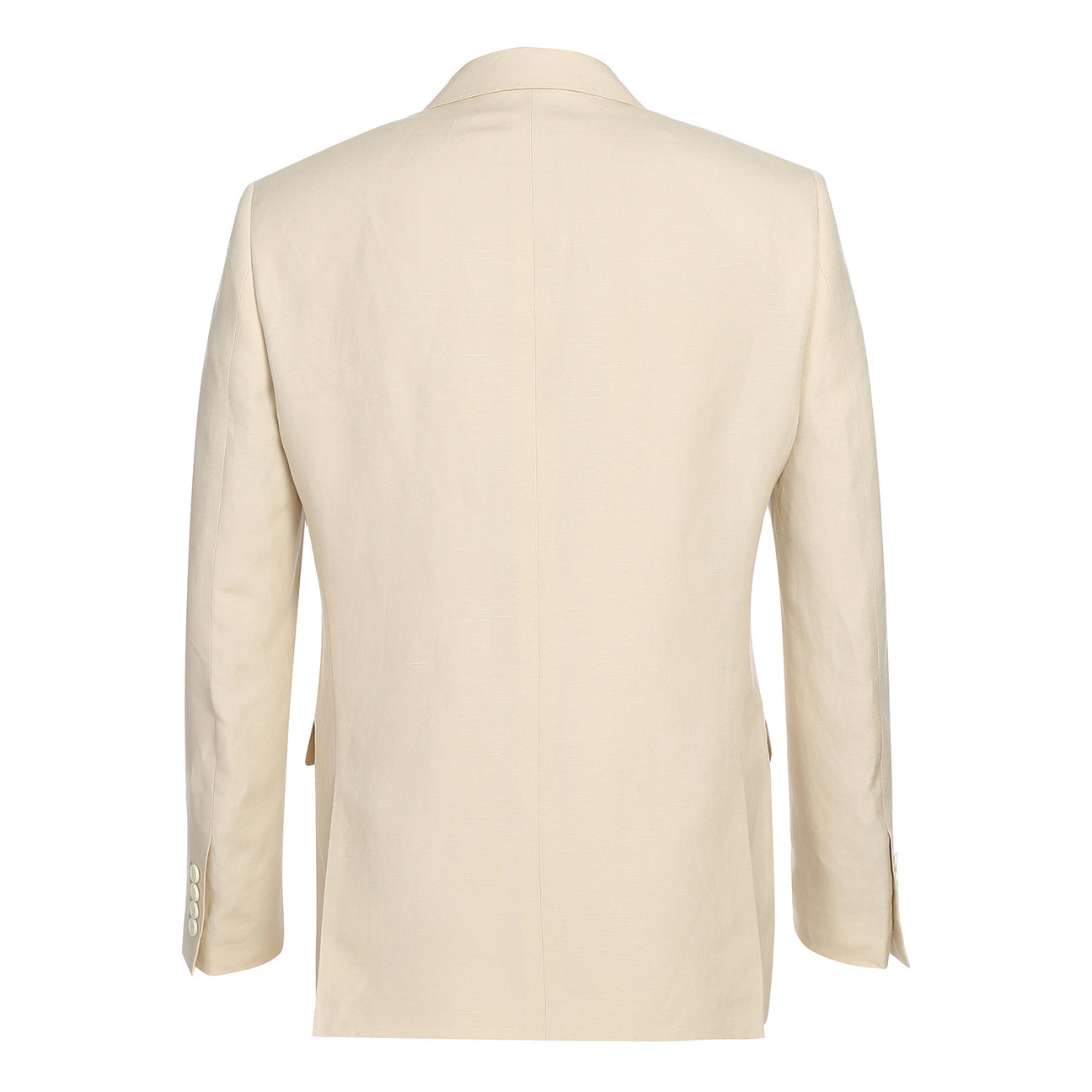 A chic champagne suit jacket from the Alessandro Vitello by Renoir collection, distinguished by a notch lapel and offering a new slim fit, pairs perfectly with a blue tie and crisp white shirt on the mannequin.
