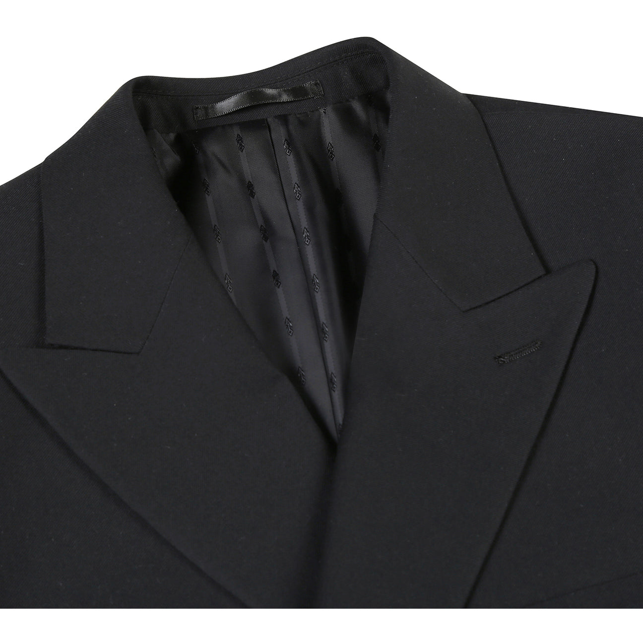 The Alessandro Vitello by Renoir Double-Breasted Peak Lapel Slim Fit Black Suit 201-1 is showcased with a white dress shirt and patterned bow tie—a sophisticated Renoir two-piece ideal for formal events.