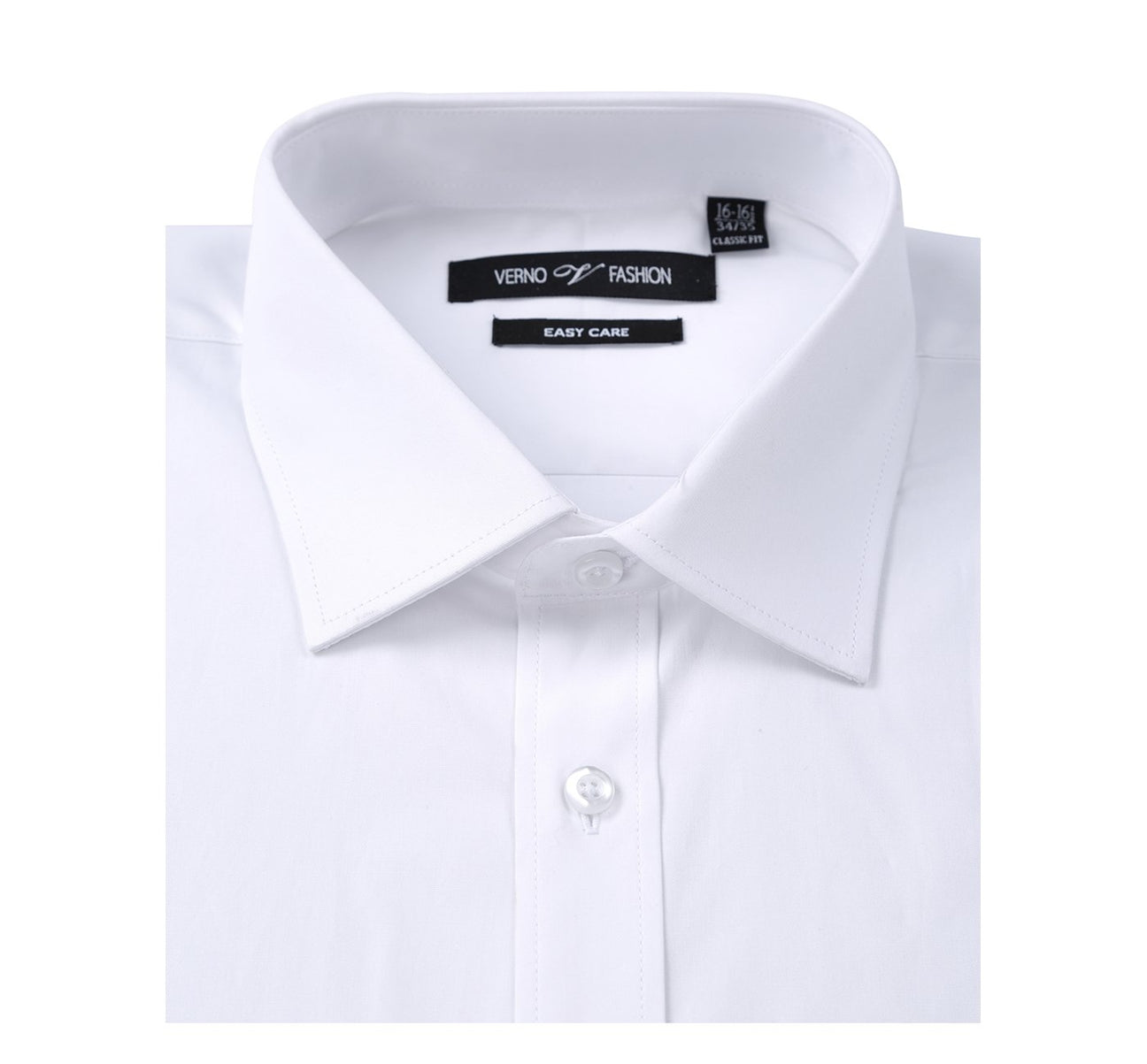 The Renoir VERNO White Classic Fit Long Sleeve Travel Easy-Care Cotton Dress Shirt (CS0220) is neatly folded, with a spread collar and buttoned cuffs, shown beside a circular fabric close-up highlighting its wrinkle resistance.
