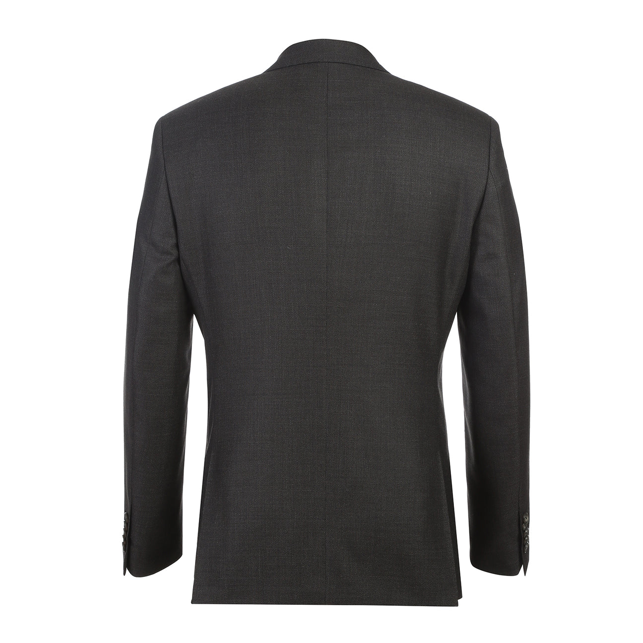 The ENGLISH LAUNDRY Dark Gray Suit EL12-02-095 by English Laundry, styled on a mannequin with a white dress shirt and black, gray, and silver striped tie, offers a refined slim fit suit look.