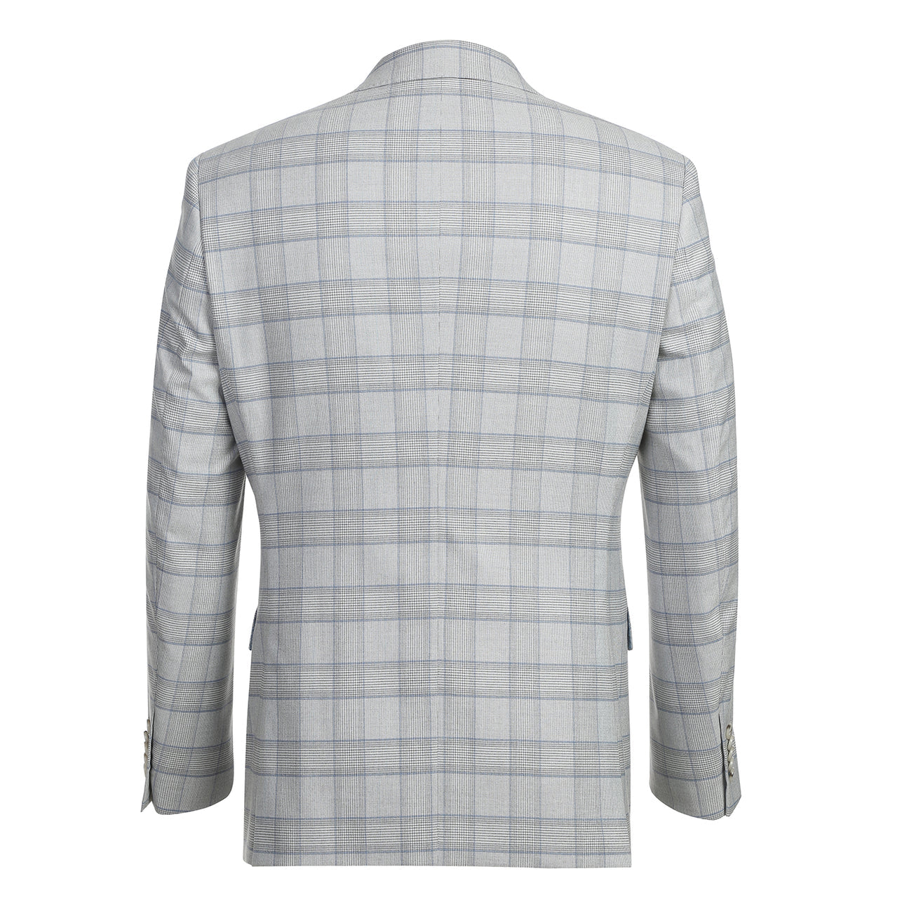 The English Laundry ENGLISH LAUNDRY TR Suit 12-66-092EL slim fit light gray plaid jacket, with a two-button closure, is displayed on a mannequin, paired with a white dress shirt and dark gray tie.