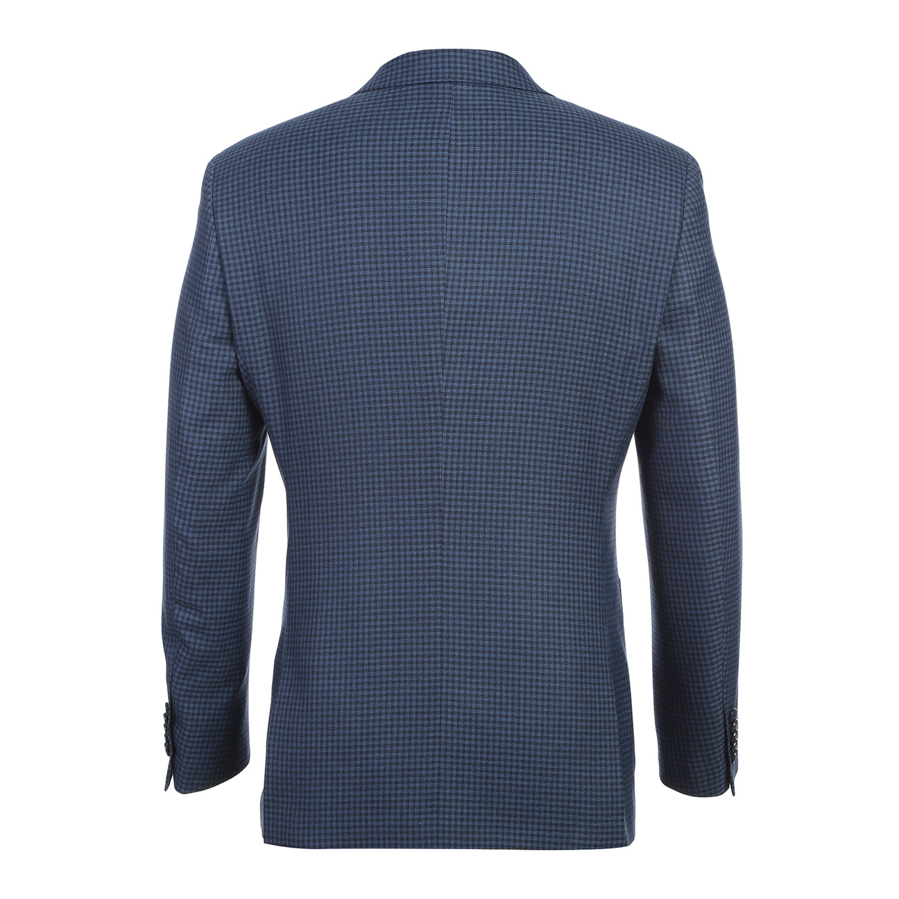 The ENGLISH LAUNDRY Navy Check Suit 22-10-412EL by English Laundry is a slim fit jacket with a two-button closure, styled with a white dress shirt and red patterned tie on a headless mannequin.