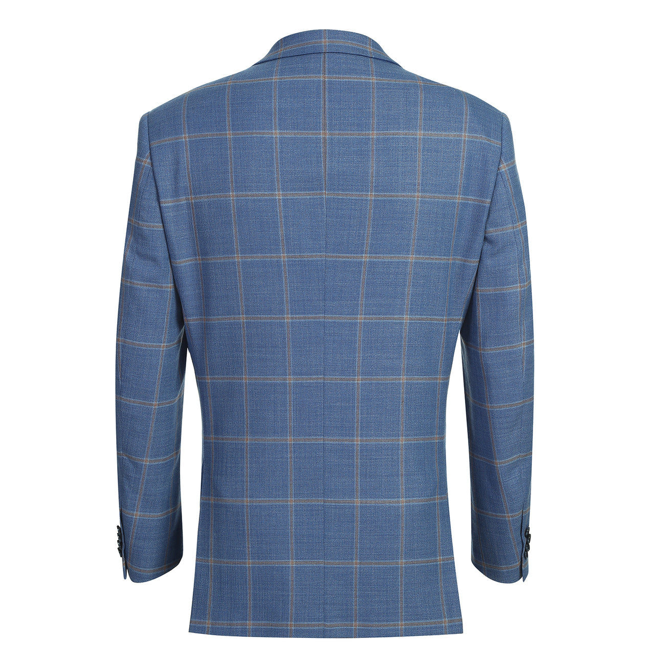 The Alessandro Vitello by Renoir Classic Fit Wool Blue Blazer 565-15 is styled on a mannequin with notch lapels, a white dress shirt, beige tie, and red patterned pocket square.