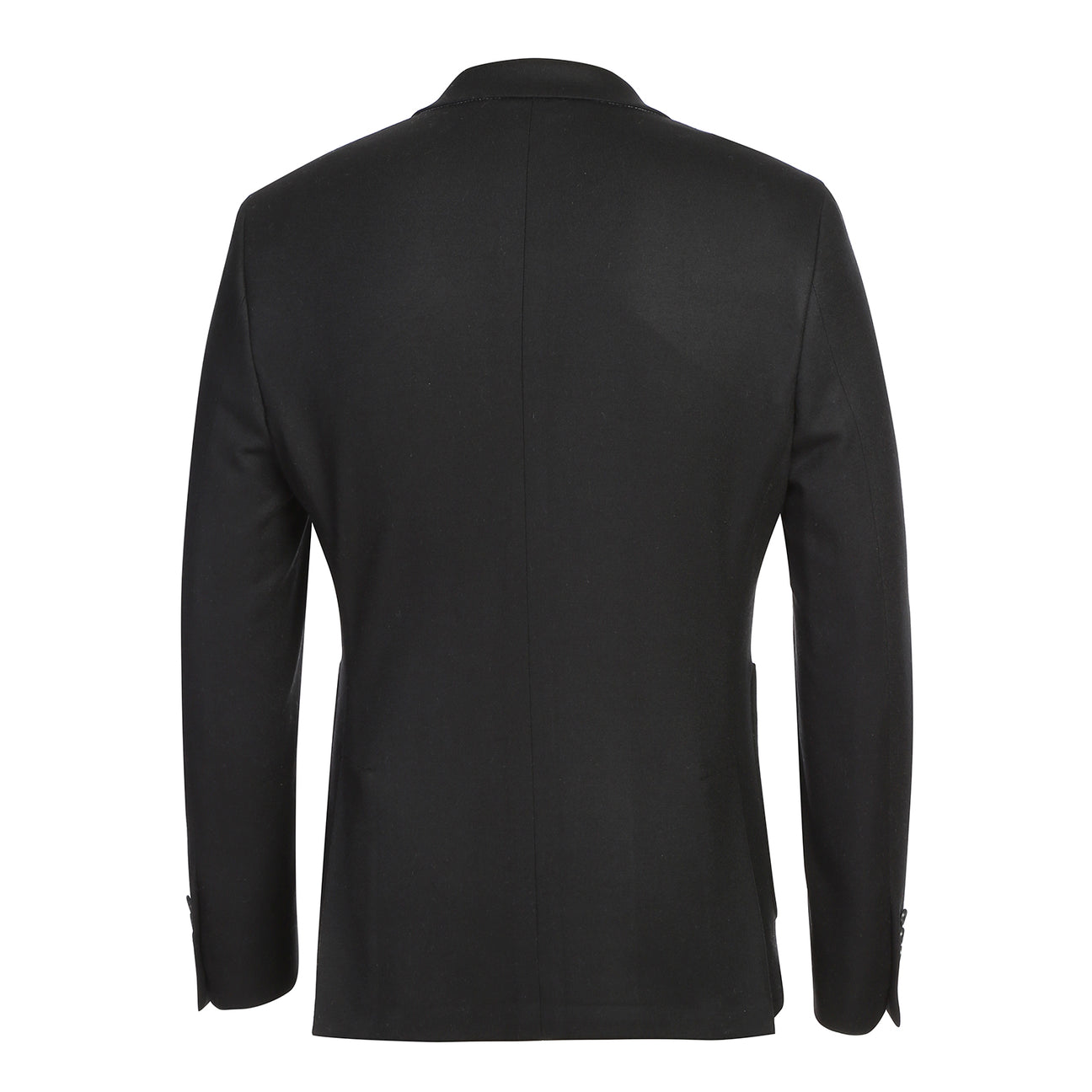 The Pellagio Men's Slim Fit Riserva Jacket Black PF25-17W by Pellagio, styled with a white dress shirt, striped orange tie, and patterned pocket square, is displayed on a headless mannequin.