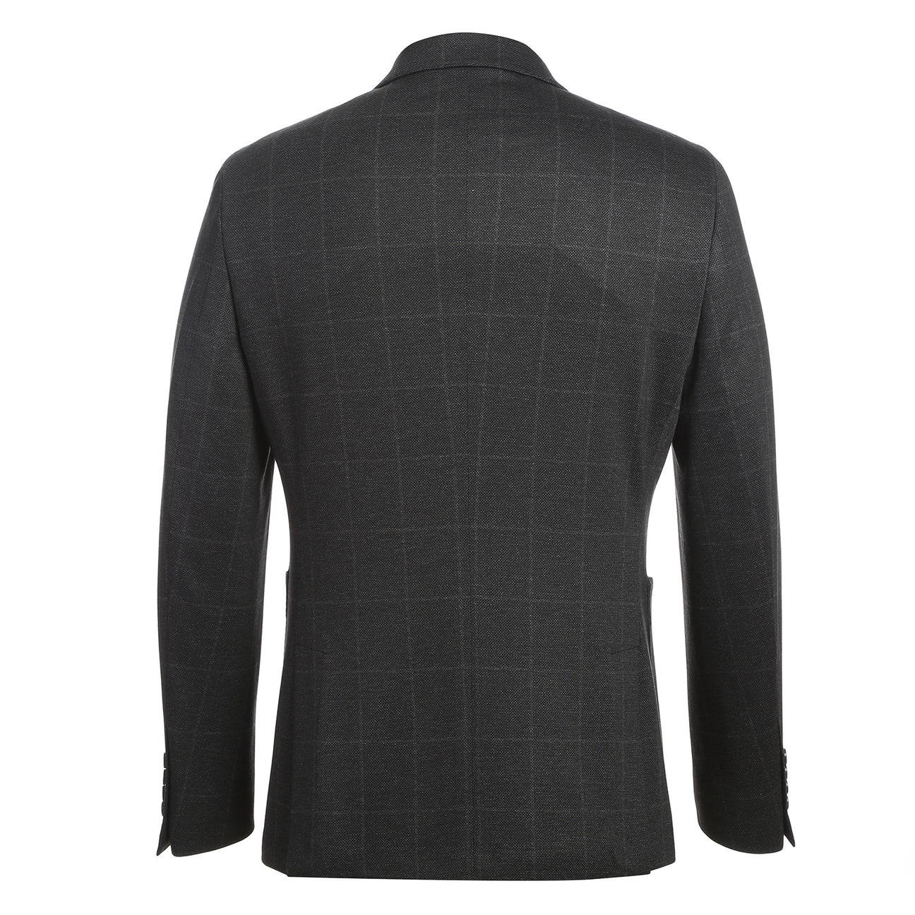 The Pellagio Ink Blue Men's Half Canvas Blazer PF24-7, featuring a single-breasted design and notched lapel, drapes elegantly on the mannequin over a crisp white shirt. A red polka dot tie and patterned pocket square complete the sophisticated ensemble.