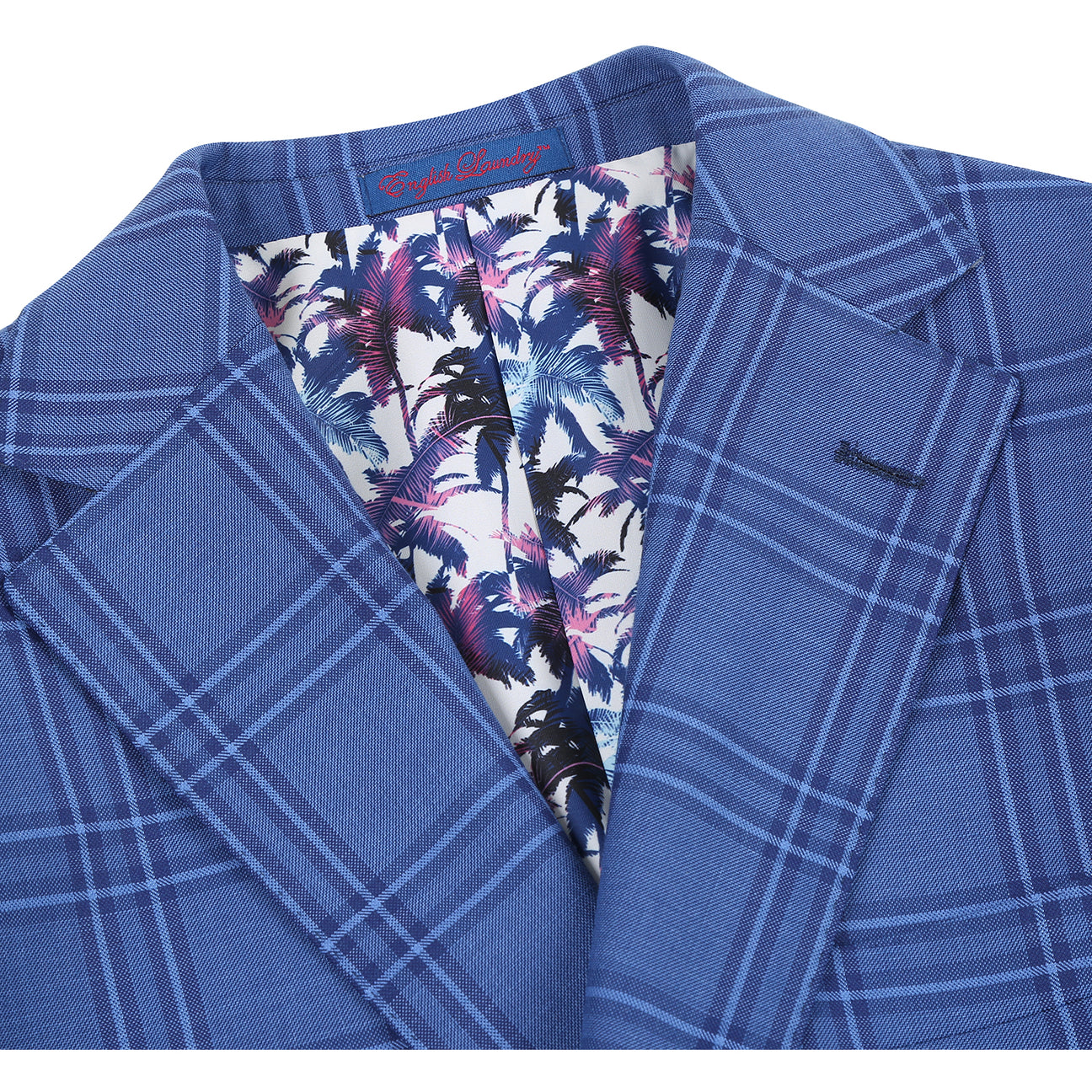 The ENGLISH LAUNDRY Blue Check Suit 12-63-411EL by English Laundry is a slim fit blue plaid blazer with two-button closure, notch lapels, front pockets, and a colorful floral lining, shown on a white background.