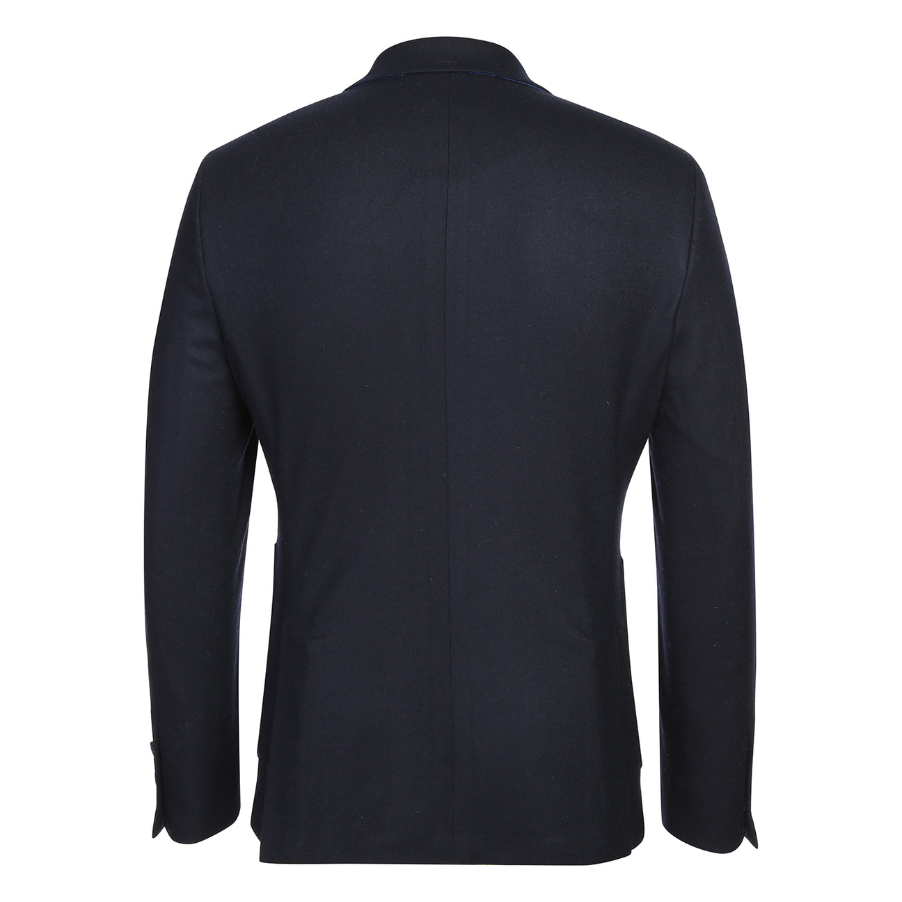 The Pellagio Men's Slim Fit Riserva Jacket Navy PF25-18W by Pellagio is displayed on a mannequin, paired with a white dress shirt, striped tie, and patterned pocket square.
