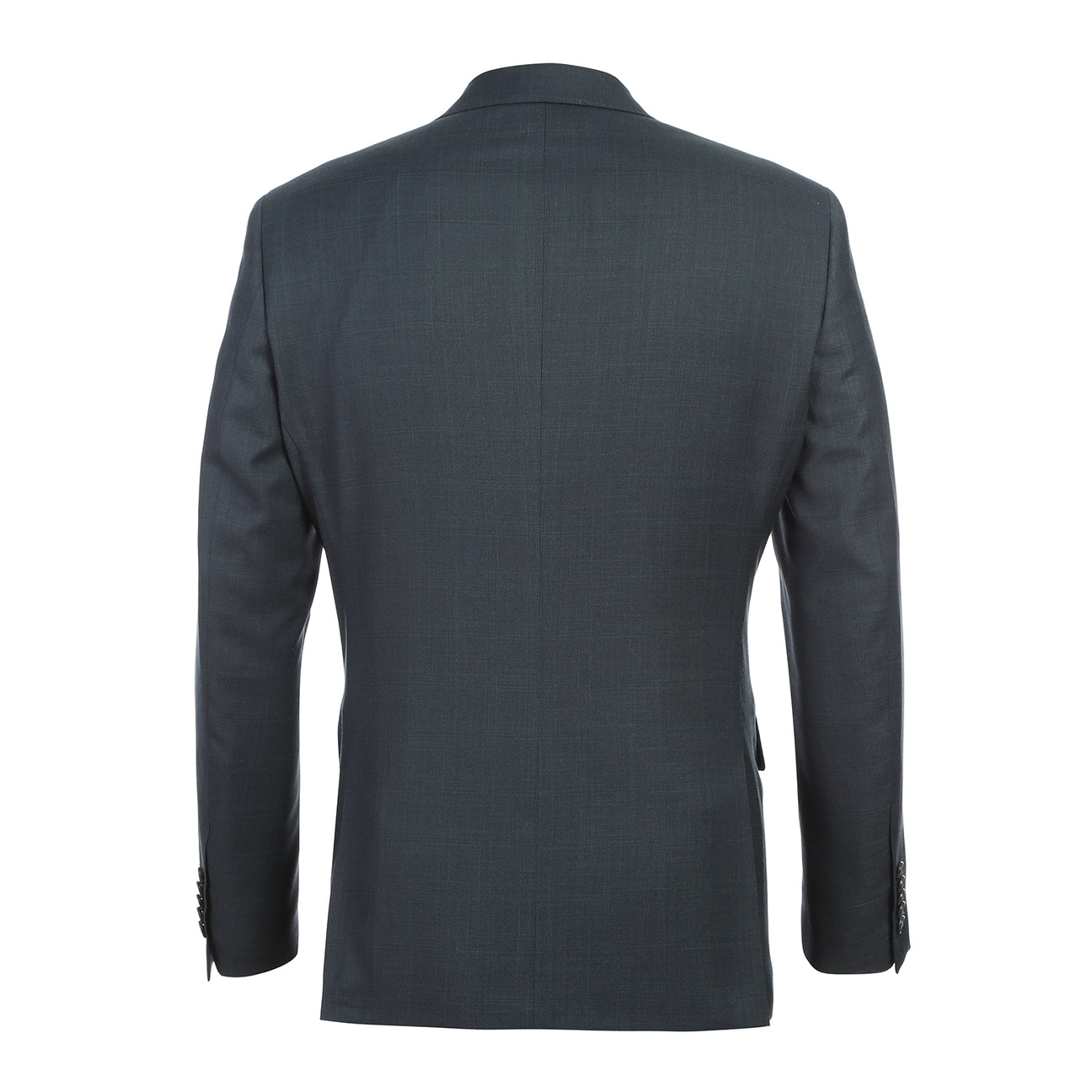 The English Laundry ENGLISH LAUNDRY Dark Green Check Suit 22-52-341EL features a men's suit jacket in dark green check with notch lapels and a two-button closure, styled over a white dress shirt and black striped tie on a mannequin.