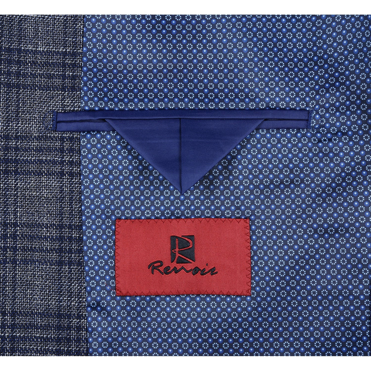 The Alessandro Vitello by Renoir Slim Fit Stretch Checked Blazer Gray 294-13, a single-breasted gray plaid blazer with notch lapels and two buttons, is elegantly styled on a mannequin with a white dress shirt, blue striped tie, and matching pocket square.