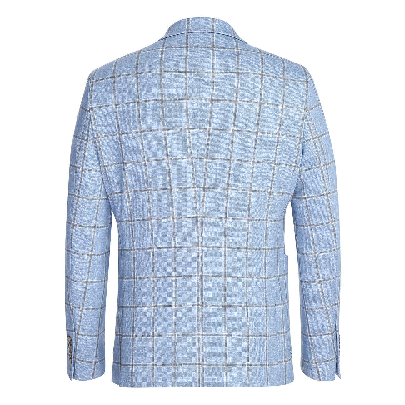 The Pellagio Light Blue Men's Slim Fit Riserva Jacket PS26-6 by Pellagio is styled with a white dress shirt, orange patterned tie, and patterned pocket square, shown on a headless mannequin.